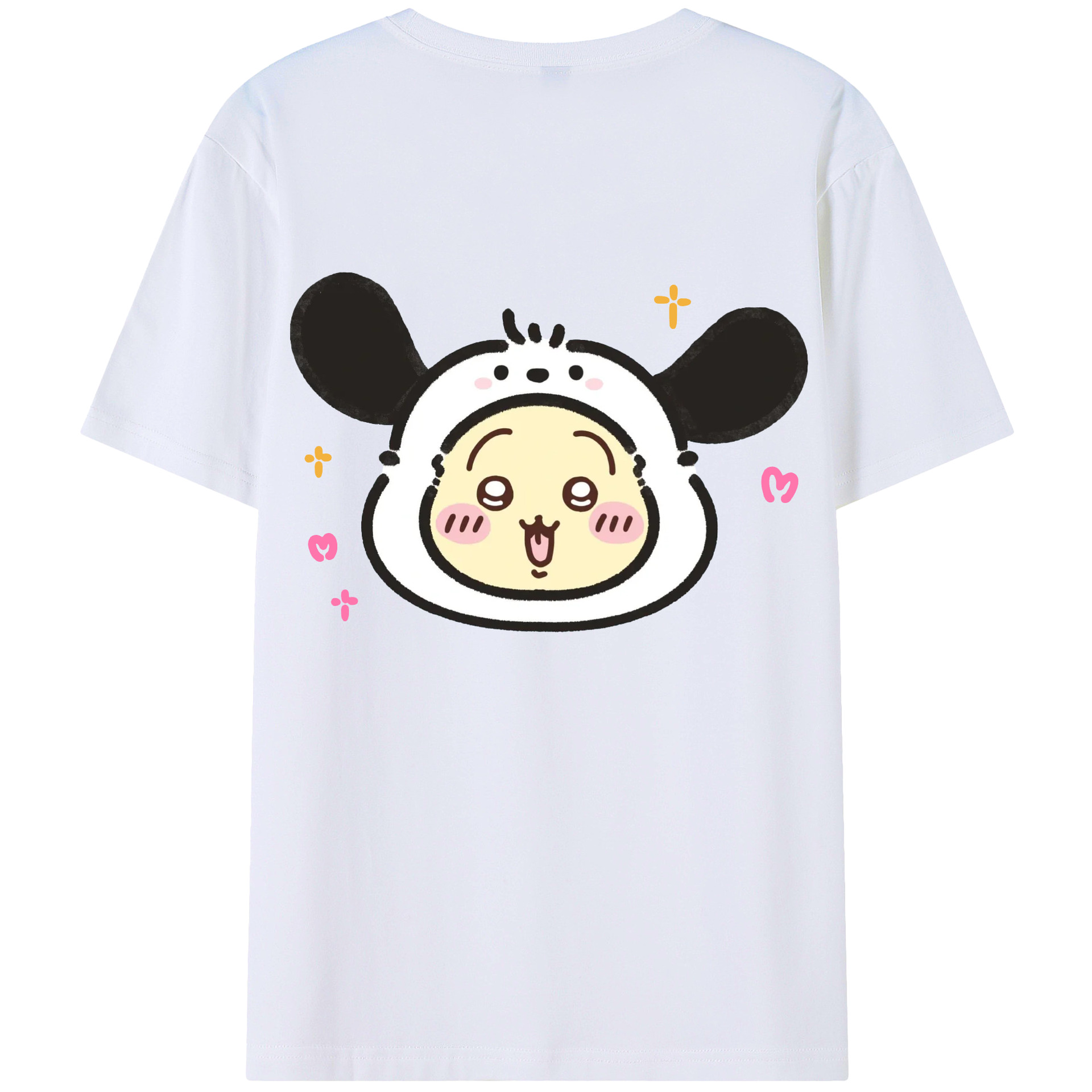 ポチャッコ&ちいかわ - レディース半袖Tシャツ ・ 綿100％ ・ バックプリント ・ 強化クルーネック ・ 二重折り袖口 ・ 快適 通気性 ・ フィットネス カジュアル 旅行用