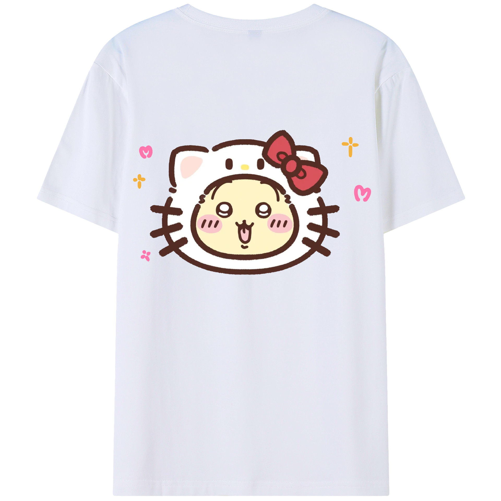 ハローキティ&ちいかわ - レディース半袖Tシャツ ・ 綿100％ ・ バックプリント ・ 強化クルーネック ・ 二重折り袖口 ・ 快適 通気性 ・ フィットネス カジュアル 旅行用