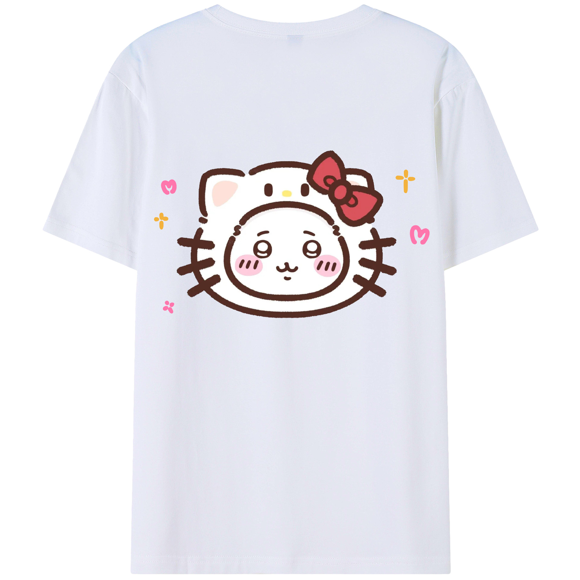 ハローキティ&ちいかわ - レディース半袖Tシャツ ・ 綿100％ ・ バックプリント ・ 強化クルーネック ・ 二重折り袖口 ・ 快適 通気性 ・ フィットネス カジュアル 旅行用