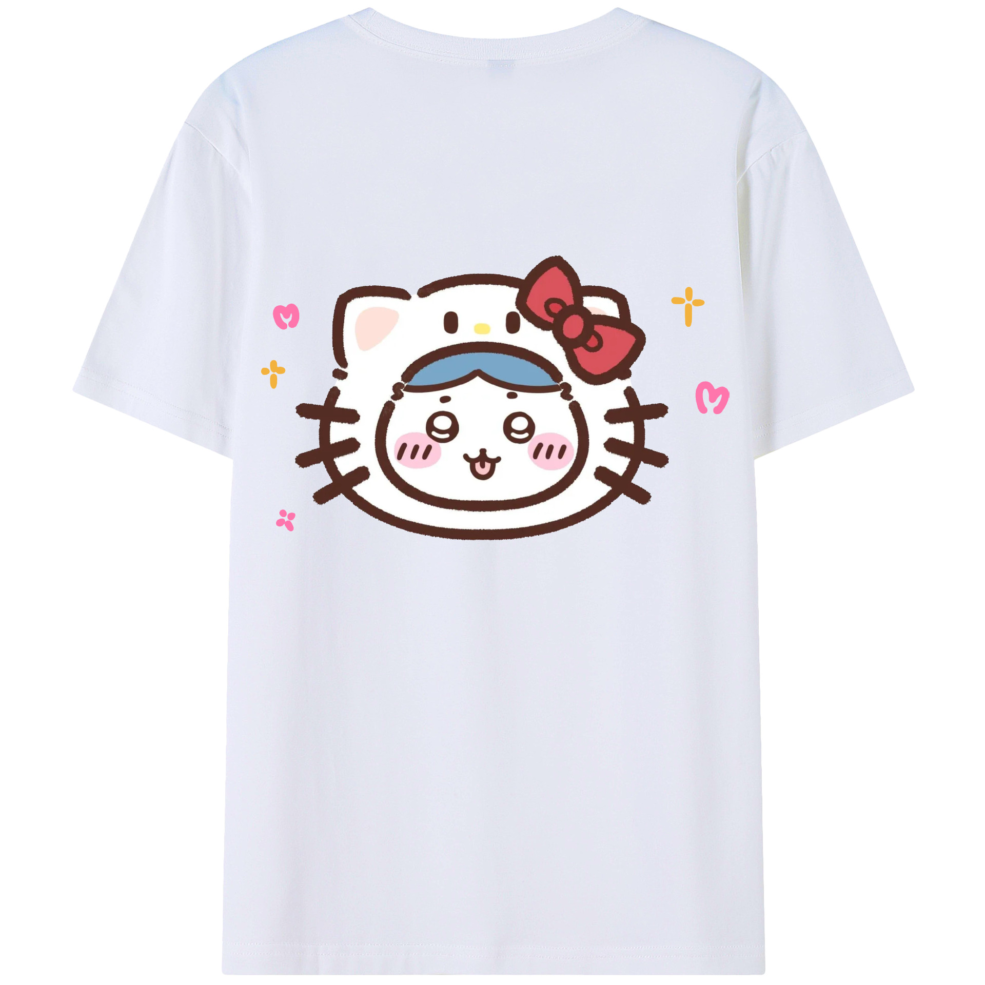 ハローキティ&ちいかわ - レディース半袖Tシャツ ・ 綿100％ ・ バックプリント ・ 強化クルーネック ・ 二重折り袖口 ・ 快適 通気性 ・ フィットネス カジュアル 旅行用
