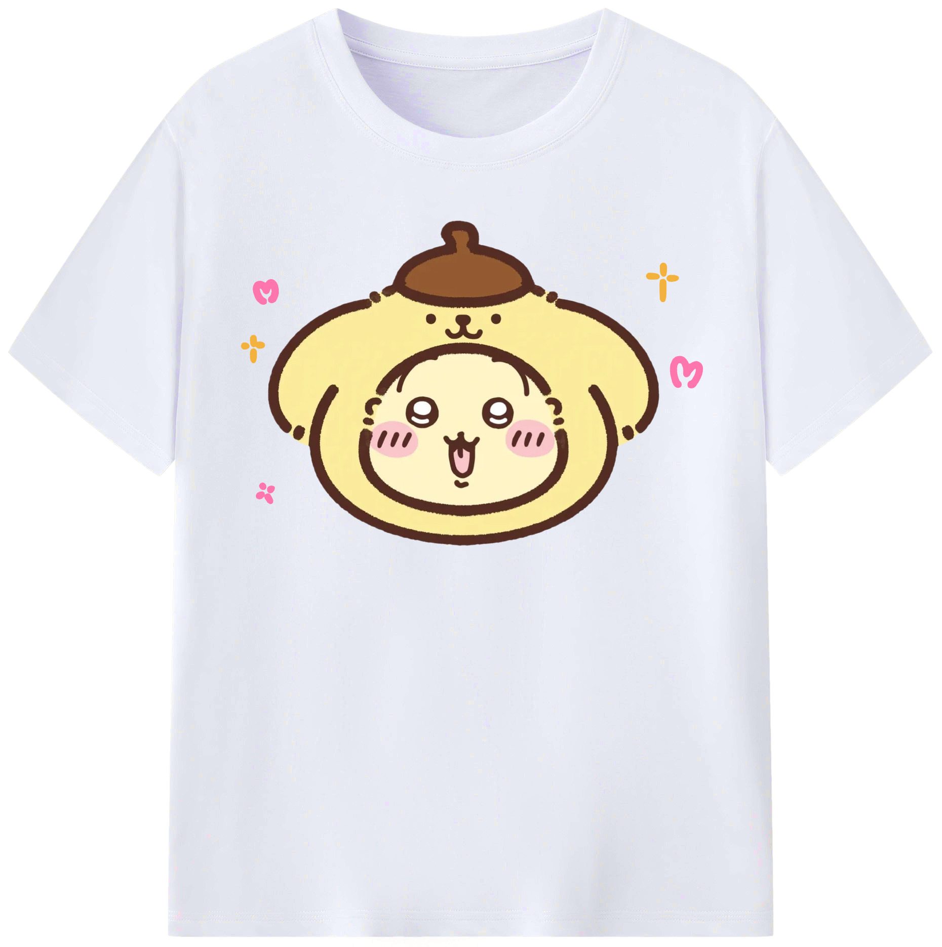 ポムポムプリン&ちいかわ - レディースカジュアルプリントTシャツ ・ 綿100％ ・ クルーネック ・ フロントプリント ・ 柔らかく快適 ・ フィットネス カジュアル 旅行用