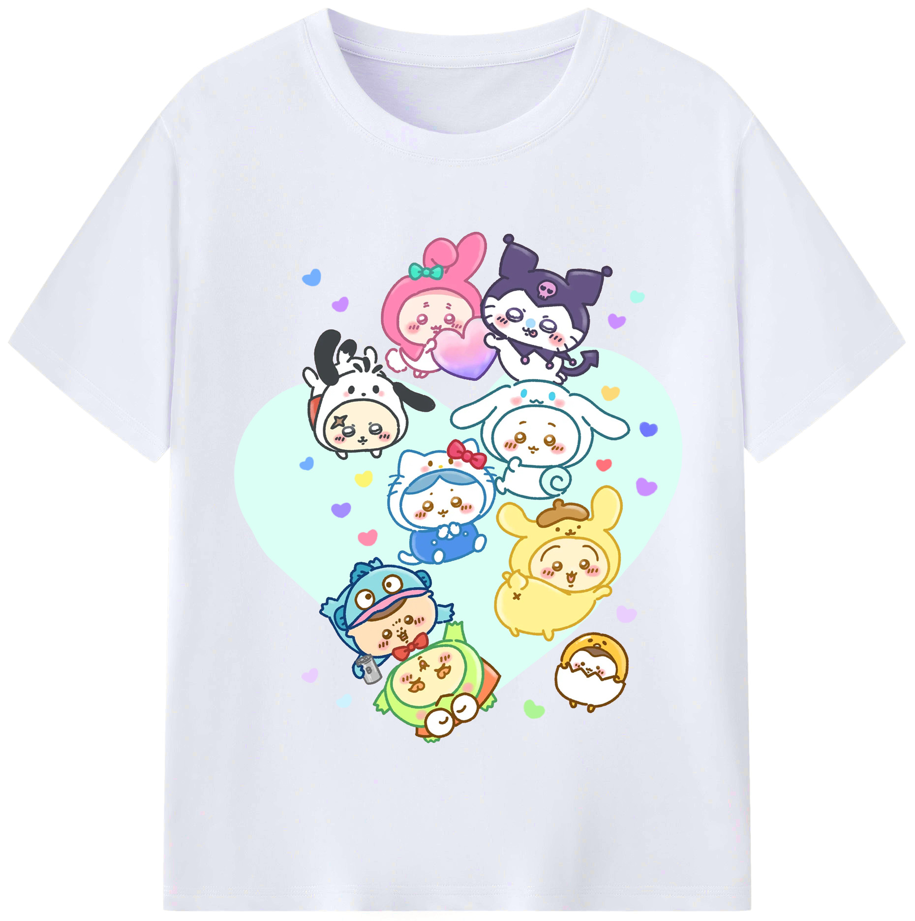 サンリオ&ちいかわ - レディースカジュアルプリントTシャツ ・ 綿100％ ・ クルーネック ・ フロントプリント ・ 柔らかく快適 ・ フィットネス カジュアル 旅行用