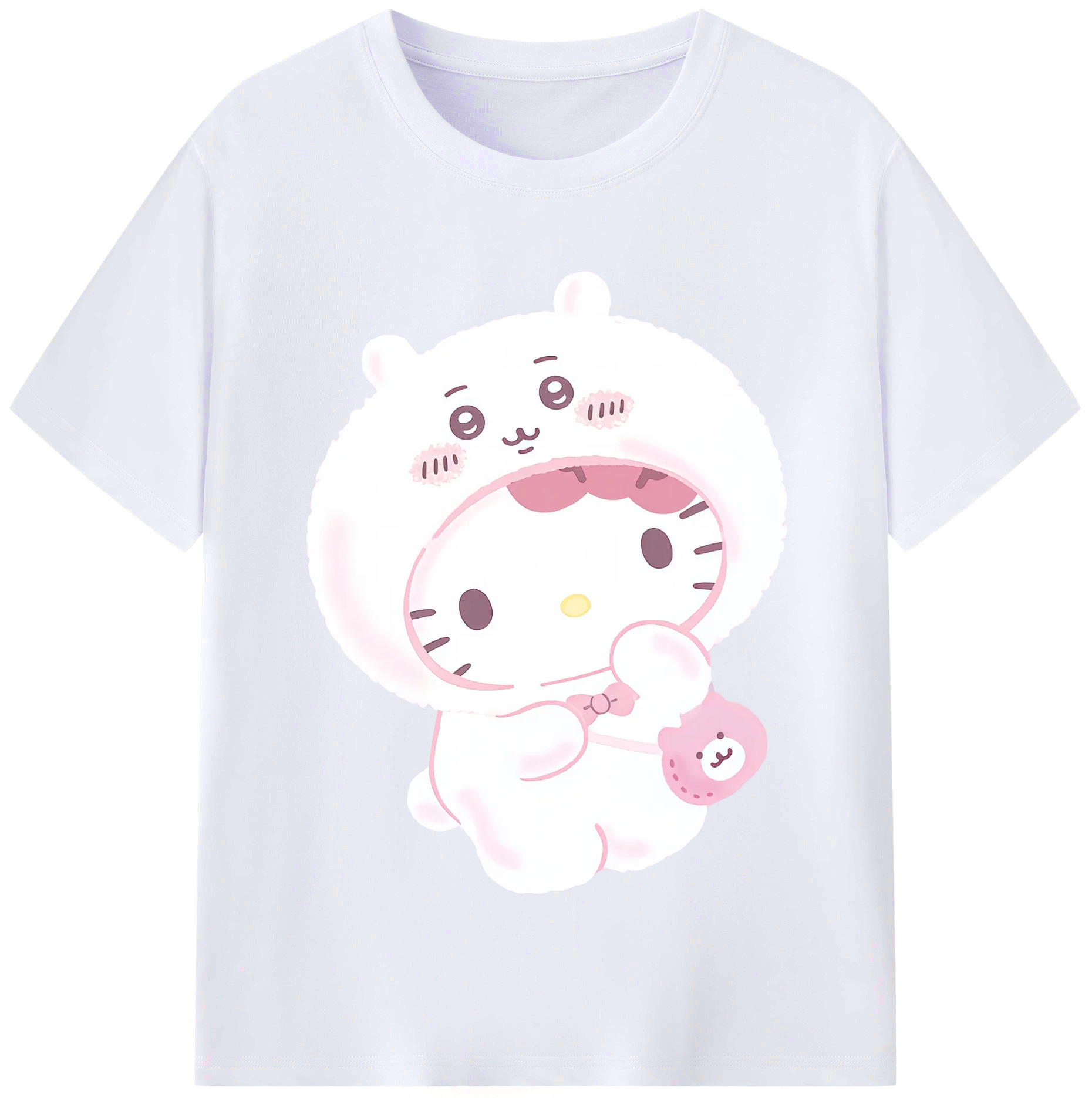 ハローキティ&ちいかわ - レディースカジュアルプリントTシャツ ・ 綿100％ ・ クルーネック ・ フロントプリント ・ 柔らかく快適 ・ フィットネス カジュアル 旅行用