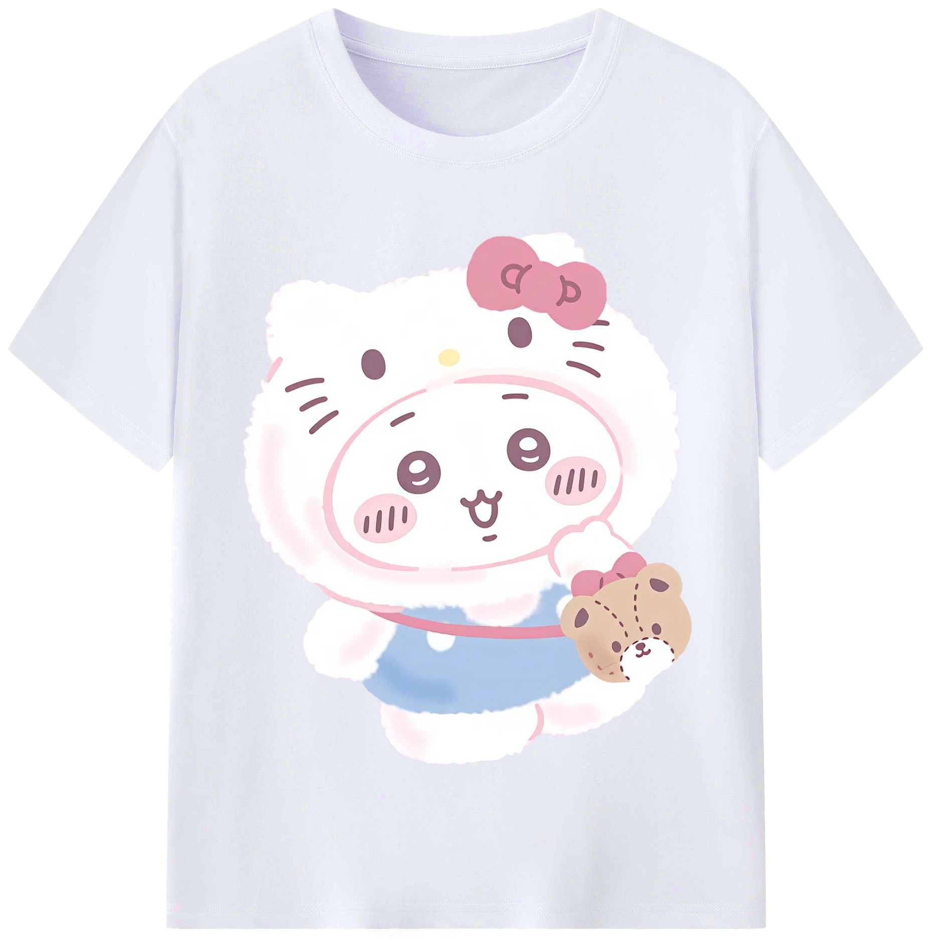 ハローキティ&ちいかわ - レディースカジュアルプリントTシャツ ・ 綿100％ ・ クルーネック ・ フロントプリント ・ 柔らかく快適 ・ フィットネス カジュアル 旅行用