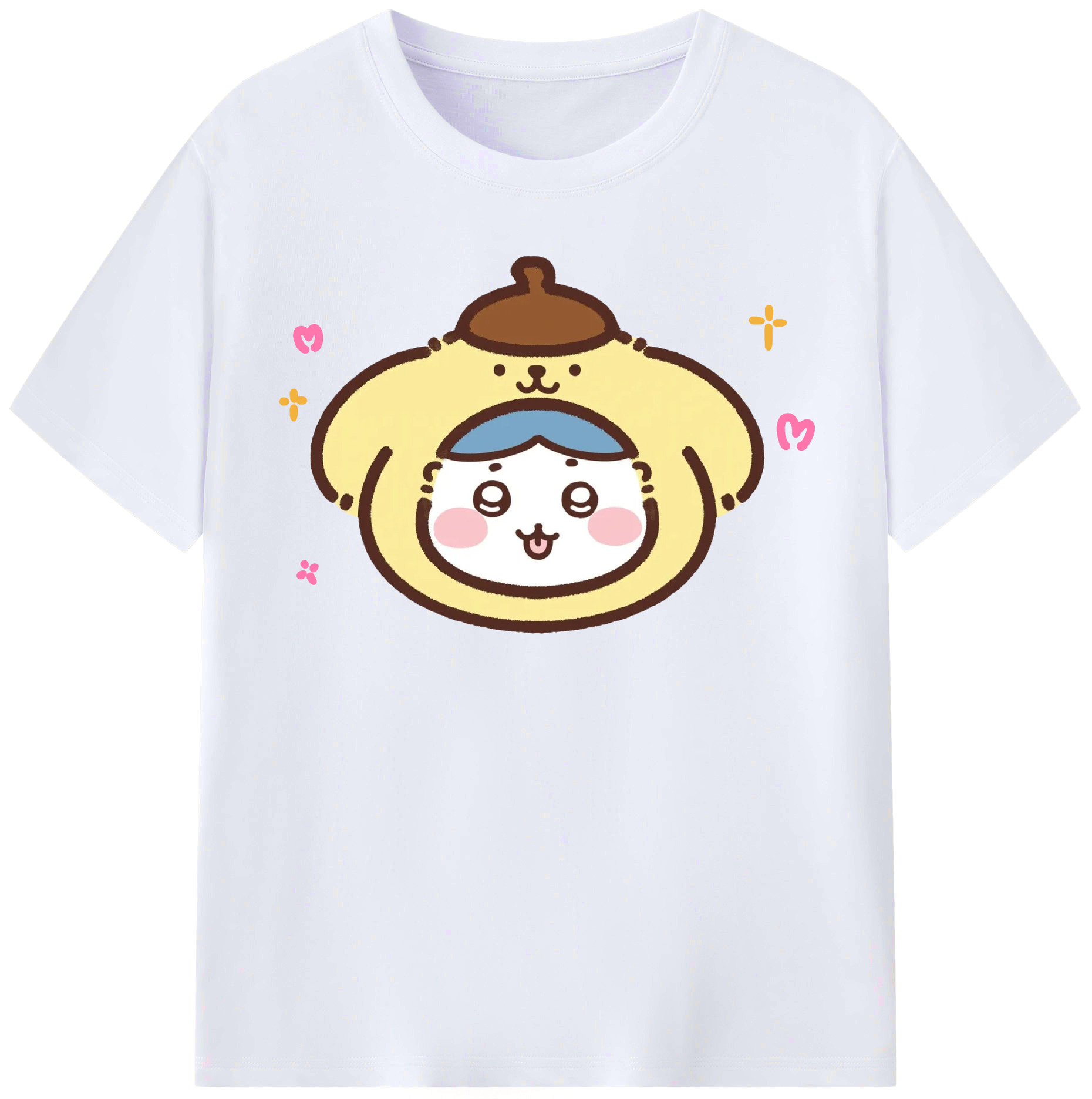 ポムポムプリン&ちいかわ - レディースカジュアルプリントTシャツ ・ 綿100％ ・ クルーネック ・ フロントプリント ・ 柔らかく快適 ・ フィットネス カジュアル 旅行用