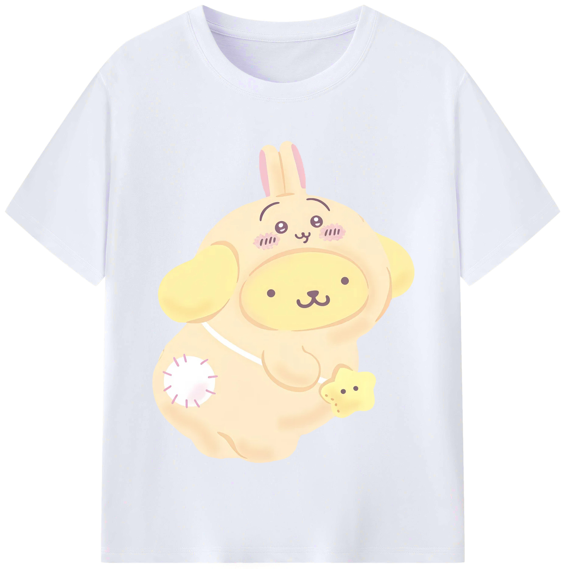 ポムポムプリン&ちいかわ - レディースカジュアルプリントTシャツ ・ 綿100％ ・ クルーネック ・ フロントプリント ・ 柔らかく快適 ・ フィットネス カジュアル 旅行用