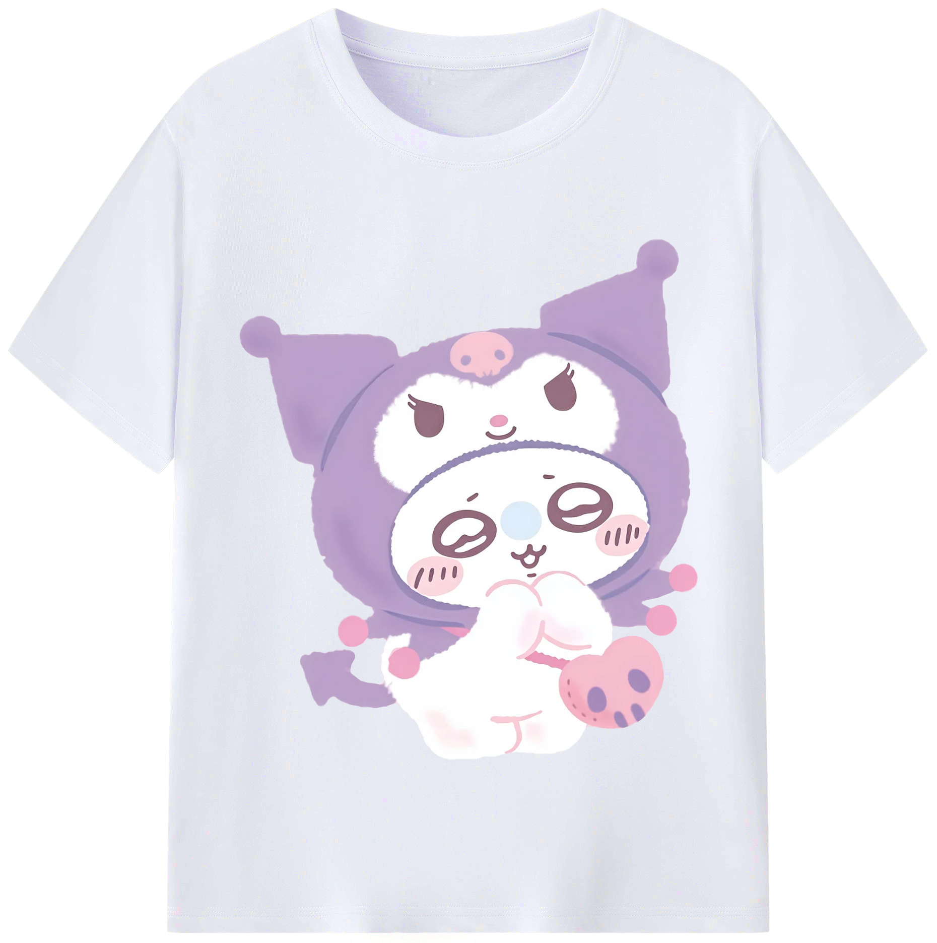 クロミ&ちいかわ - レディースカジュアルプリントTシャツ ・ 綿100％ ・ クルーネック ・ フロントプリント ・ 柔らかく快適 ・ フィットネス カジュアル 旅行用