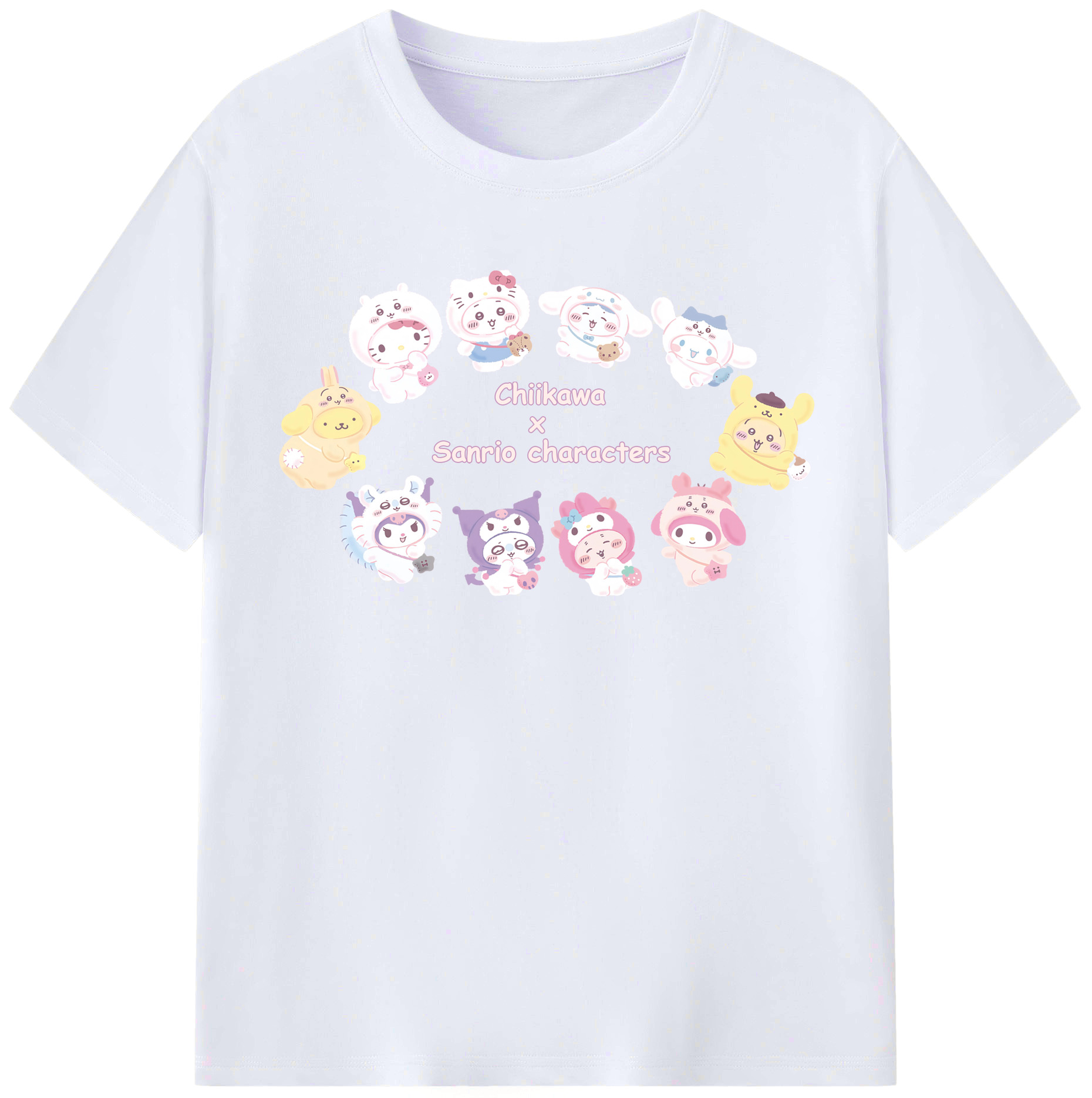 サンリオ&ちいかわ - レディースカジュアルプリントTシャツ ・ 綿100％ ・ クルーネック ・ フロントプリント ・ 柔らかく快適 ・ フィットネス カジュアル 旅行用