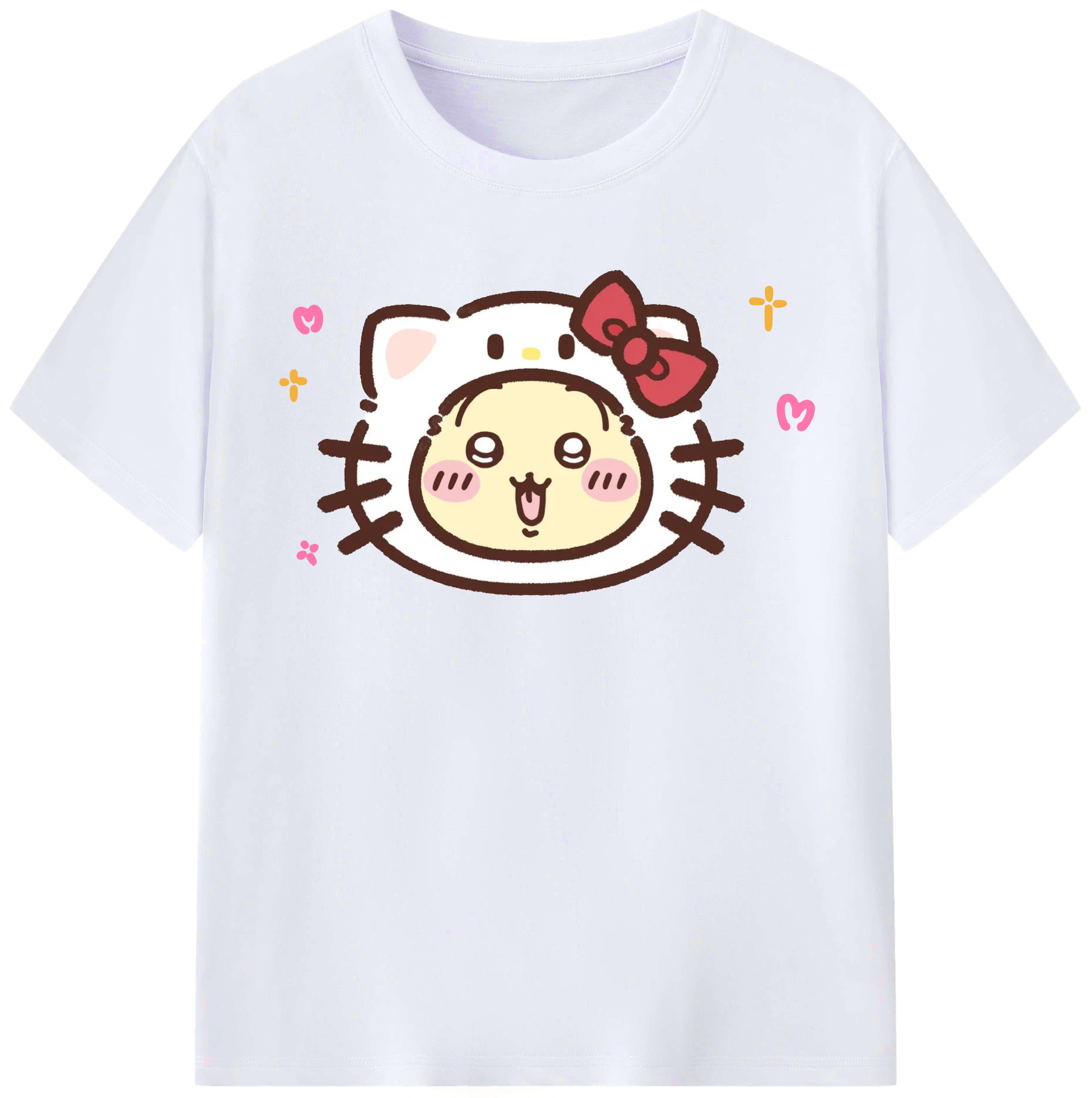 ハローキティ&ちいかわ - レディースカジュアルプリントTシャツ ・ 綿100％ ・ クルーネック ・ フロントプリント ・ 柔らかく快適 ・ フィットネス カジュアル 旅行用