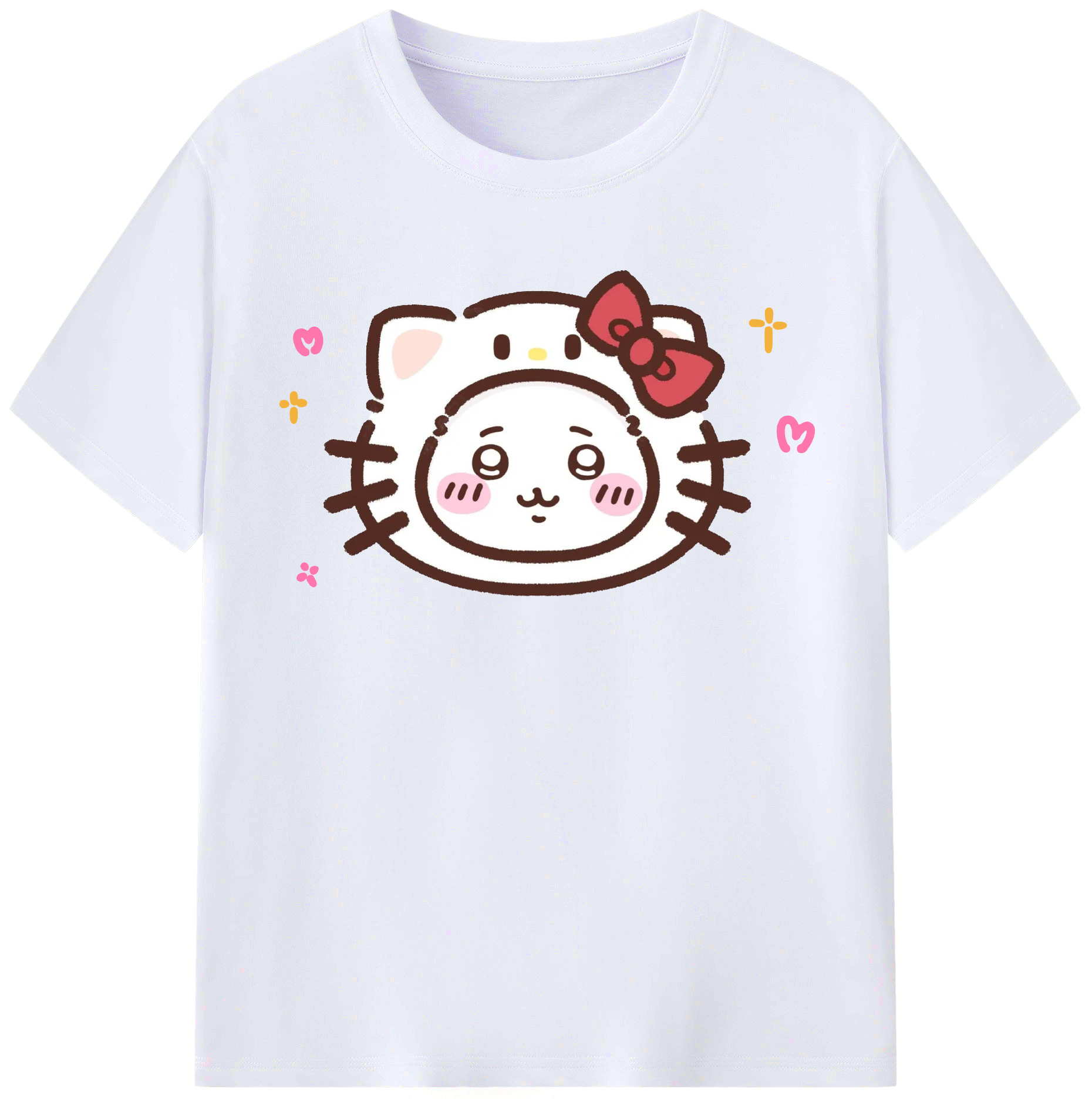 ハローキティ&ちいかわ - レディースカジュアルプリントTシャツ ・ 綿100％ ・ クルーネック ・ フロントプリント ・ 柔らかく快適 ・ フィットネス カジュアル 旅行用