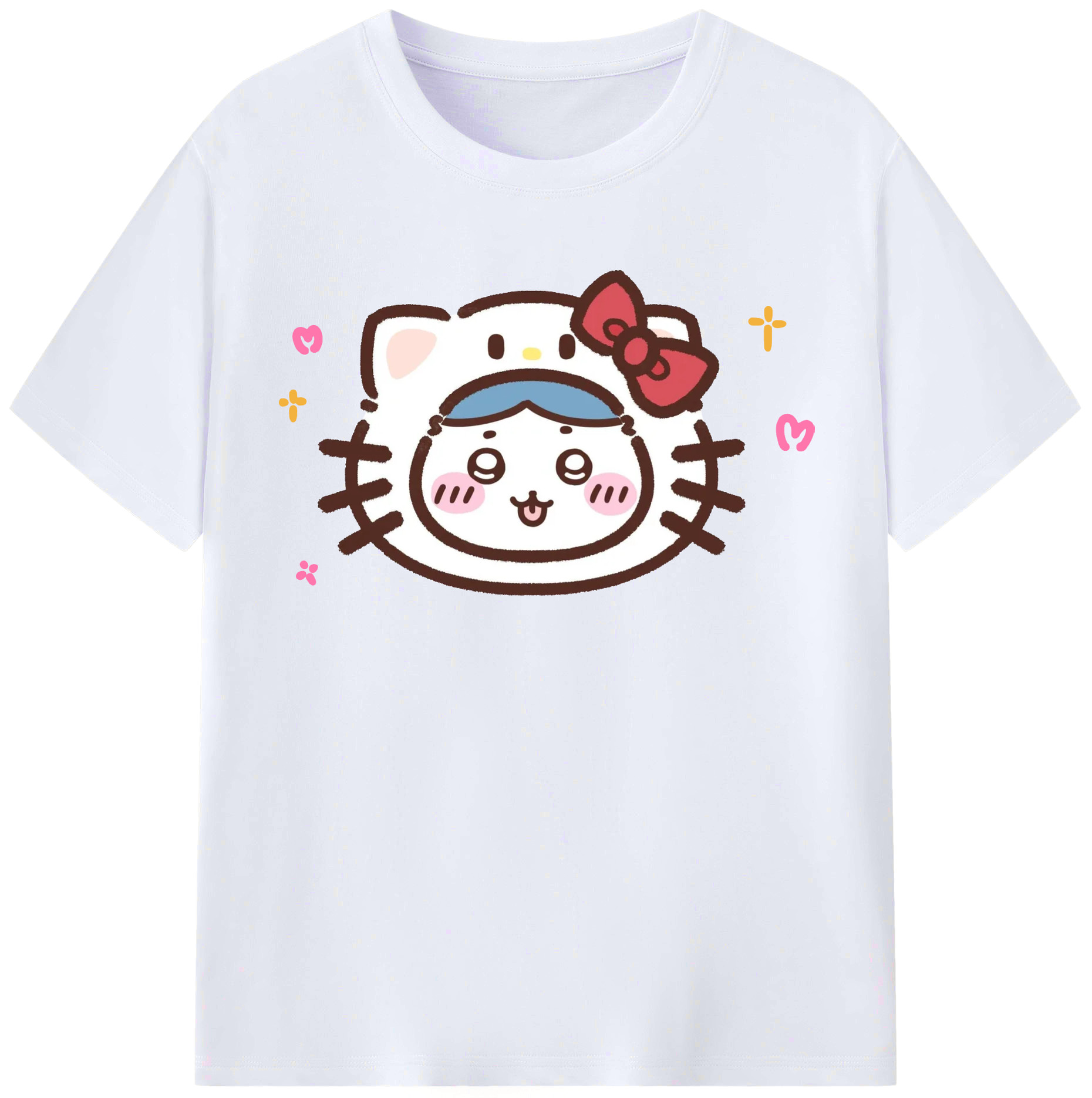 ハローキティ&ちいかわ - レディースカジュアルプリントTシャツ ・ 綿100％ ・ クルーネック ・ フロントプリント ・ 柔らかく快適 ・ フィットネス カジュアル 旅行用