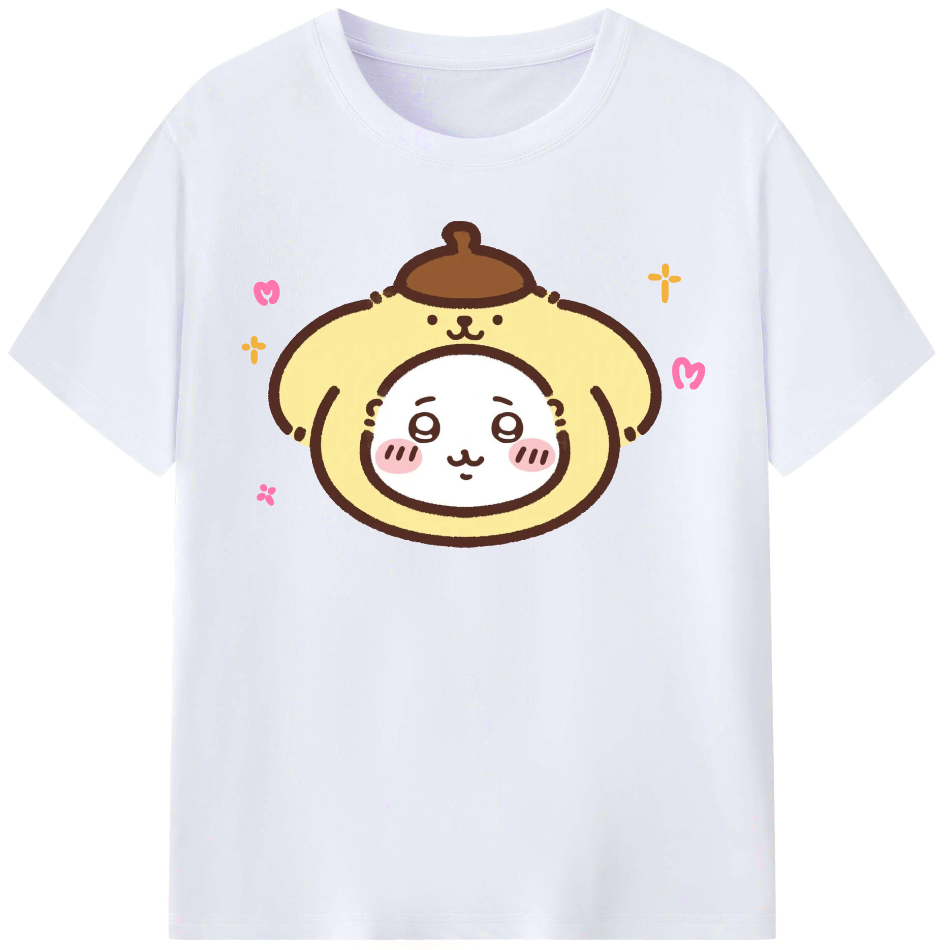 ポムポムプリン&ちいかわ - レディースカジュアルプリントTシャツ ・ 綿100％ ・ クルーネック ・ フロントプリント ・ 柔らかく快適 ・ フィットネス カジュアル 旅行用