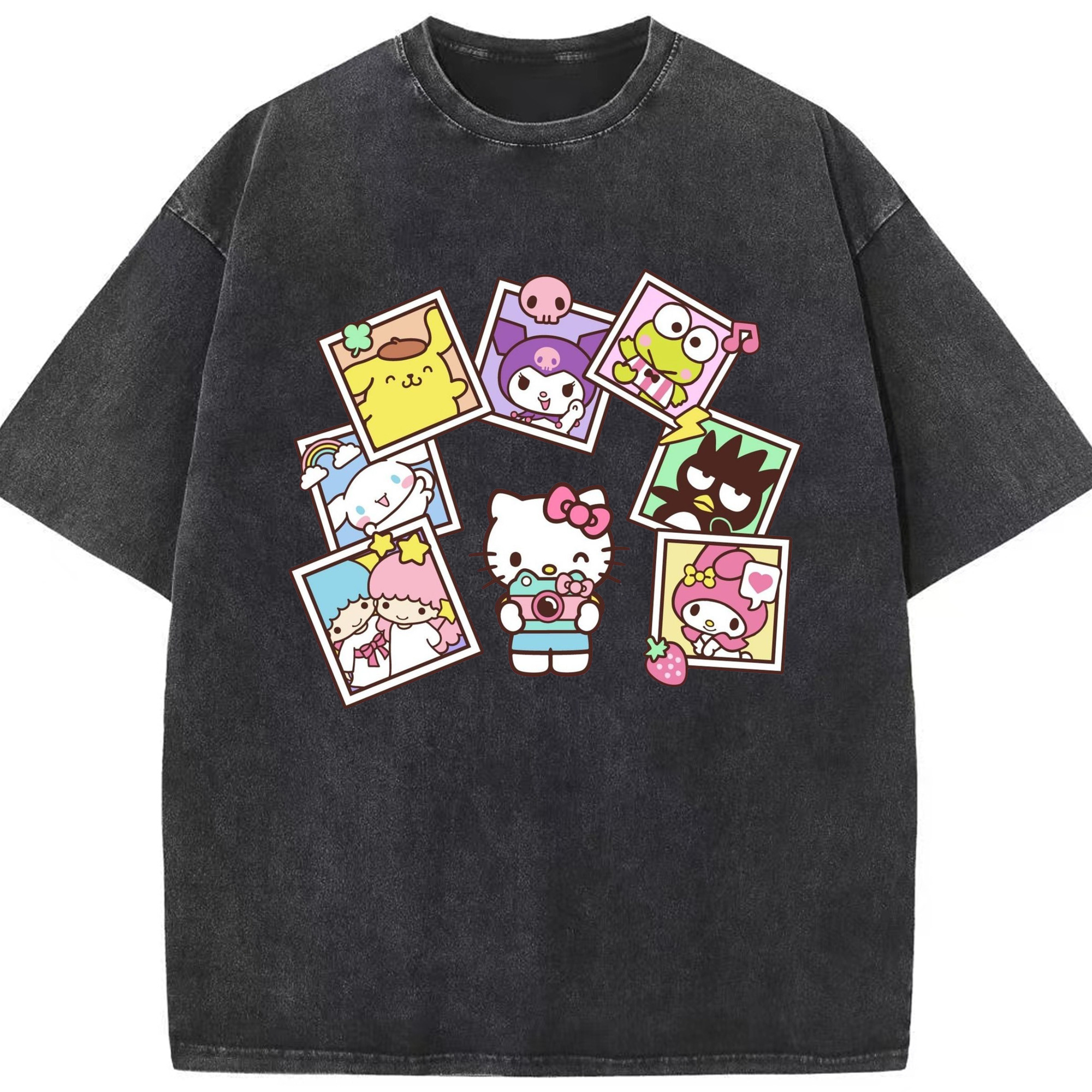 サンリオファミリー新作 - 綿100％ ヴィンテージ風 半袖Tシャツ ・ フロントプリント ・ 柔らか肌触り ・ 通気性 快適 ・ スポーツ カジュアル 外出用