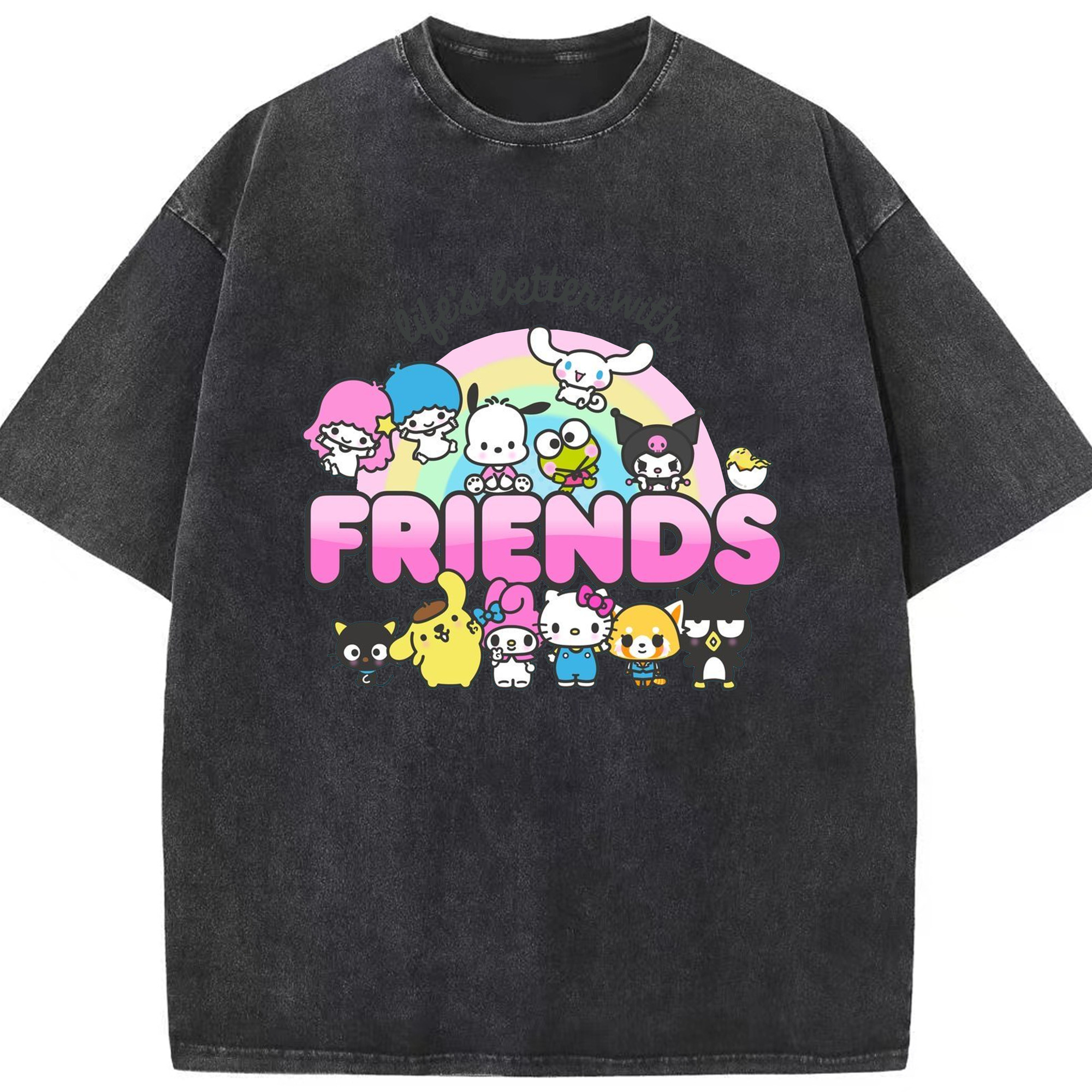 サンリオファミリー新作 - 綿100％ ヴィンテージ風 半袖Tシャツ ・ フロントプリント ・ 柔らか肌触り ・ 通気性 快適 ・ スポーツ カジュアル 外出用
