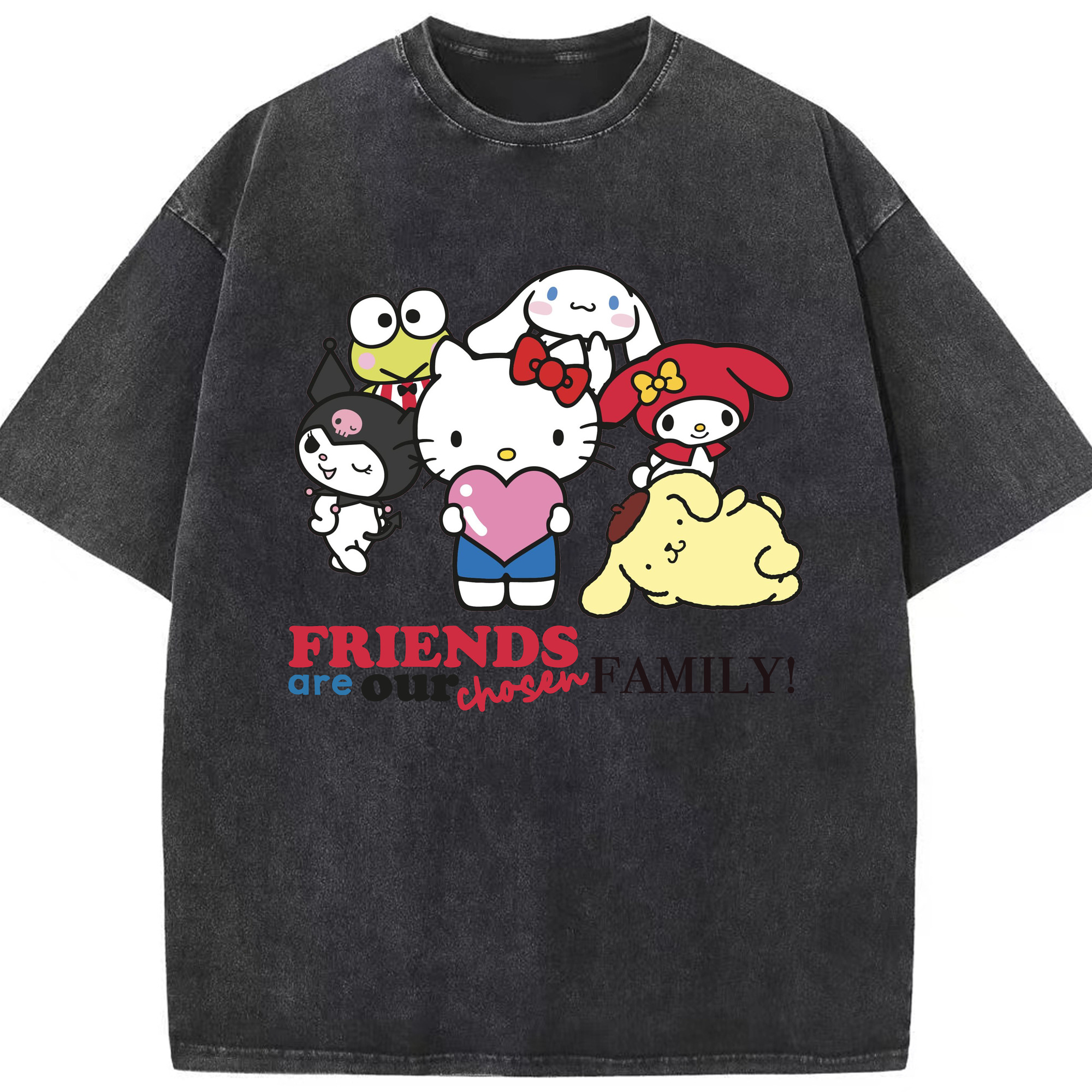サンリオファミリー新作 - 綿100％ ヴィンテージ風 半袖Tシャツ ・ フロントプリント ・ 柔らか肌触り ・ 通気性 快適 ・ スポーツ カジュアル 外出用