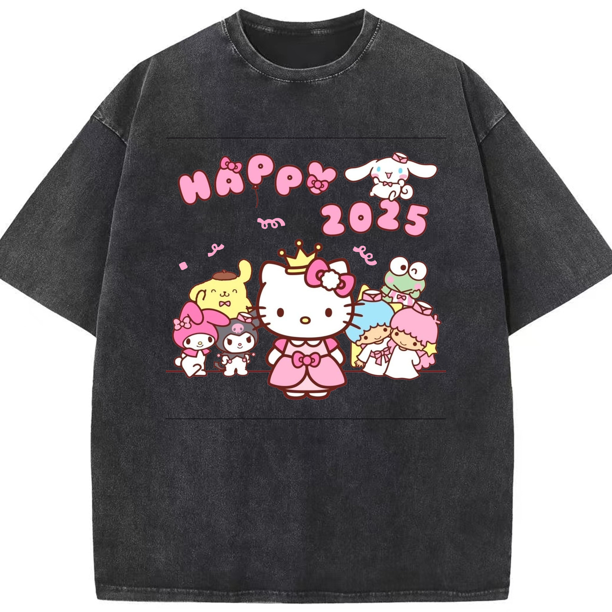 サンリオファミリー 2025年新作 - 綿100％ ヴィンテージ風 半袖Tシャツ ・ フロントプリント ・ 柔らか肌触り ・ 通気性 快適 ・ スポーツ カジュアル 外出用