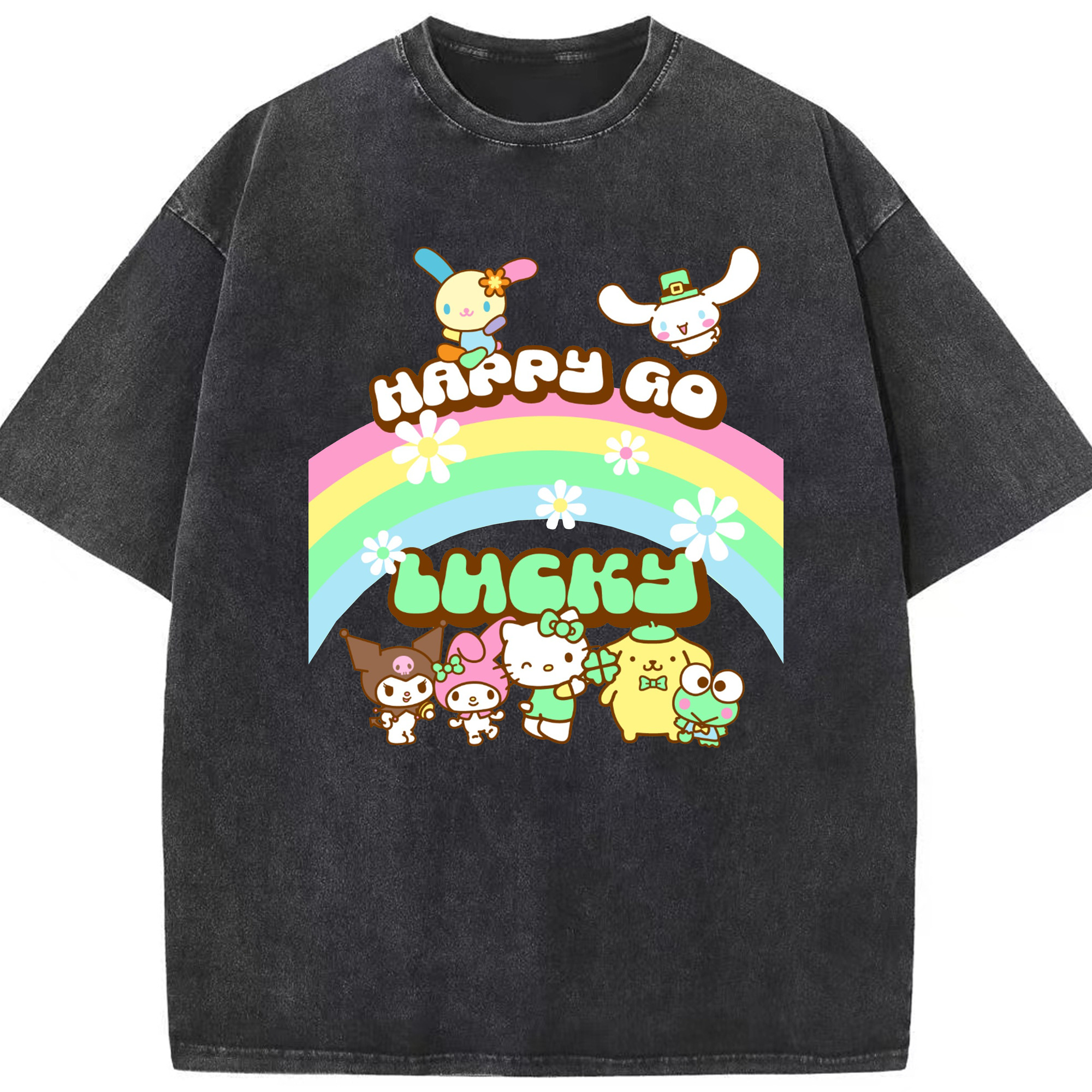 サンリオファミリー新作 - 綿100％ ヴィンテージ風 半袖Tシャツ ・ フロントプリント ・ 柔らか肌触り ・ 通気性 快適 ・ スポーツ カジュアル 外出用