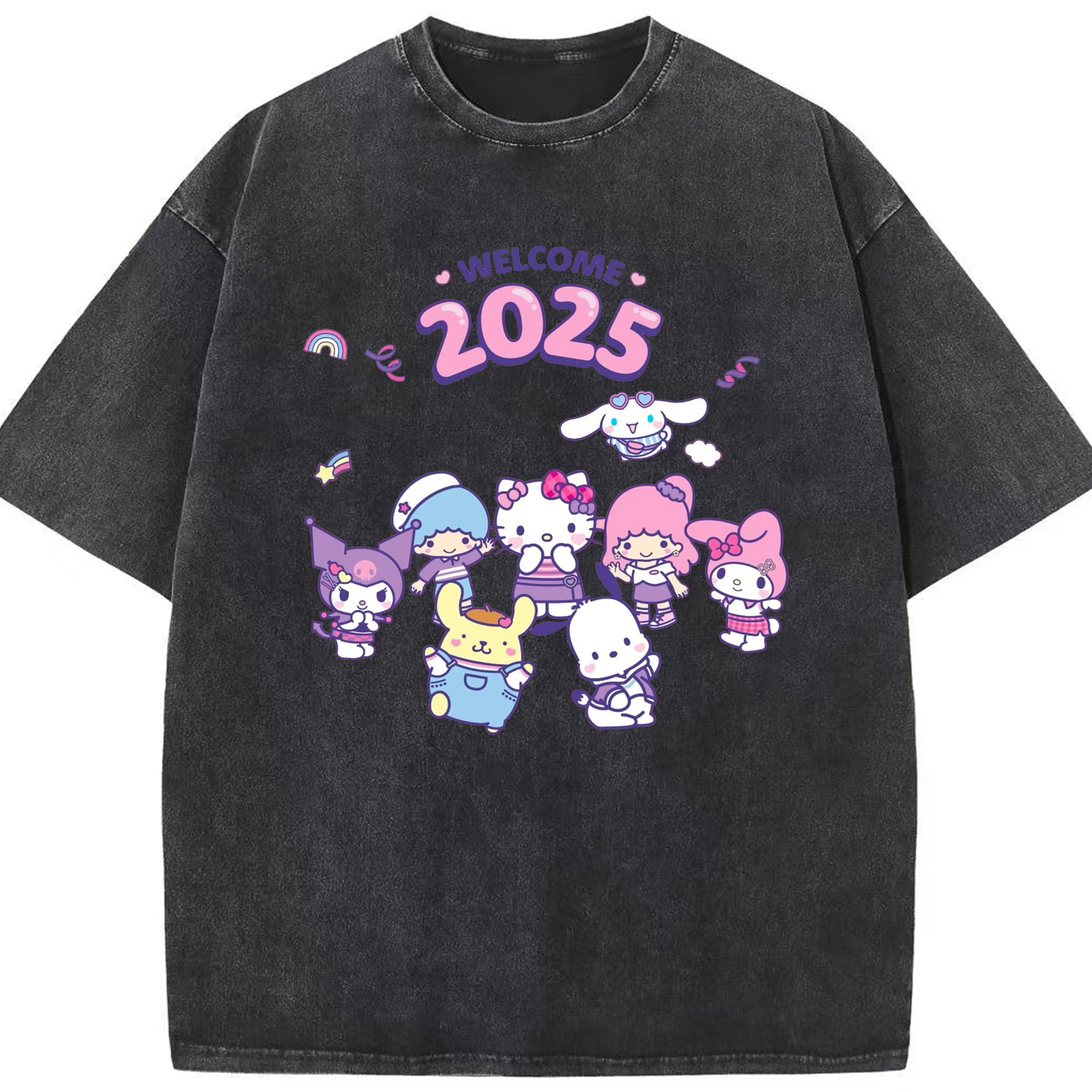 サンリオファミリー 2025年新作 - 綿100％ ヴィンテージ風 半袖Tシャツ ・ フロントプリント ・ 柔らか肌触り ・ 通気性 快適 ・ スポーツ カジュアル 外出用