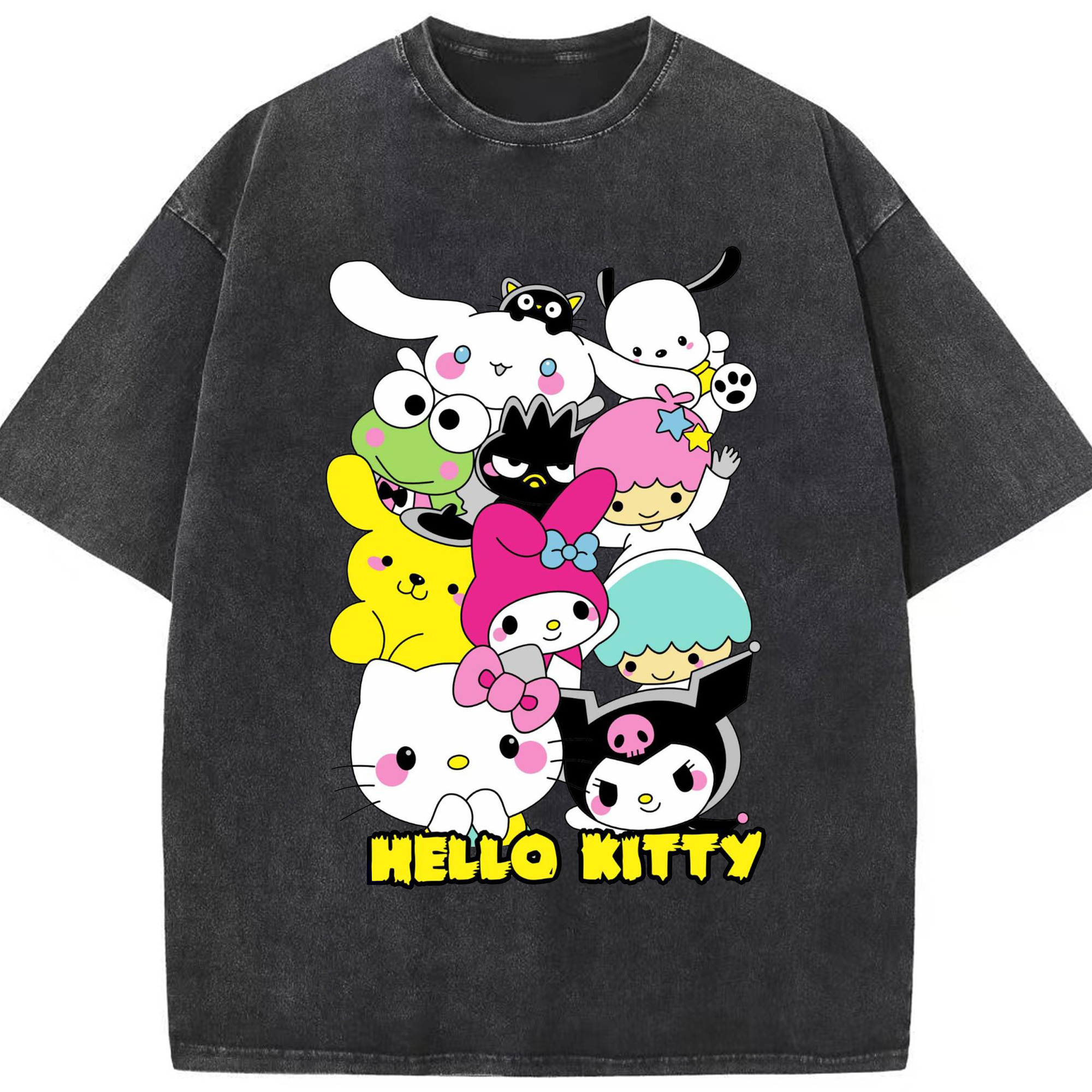 とってもかわいいサンリオファミリー - 綿100％ ヴィンテージ風 半袖Tシャツ ・ フロントプリント ・ 柔らか肌触り ・ 通気性 快適 ・ スポーツ カジュアル 外出用