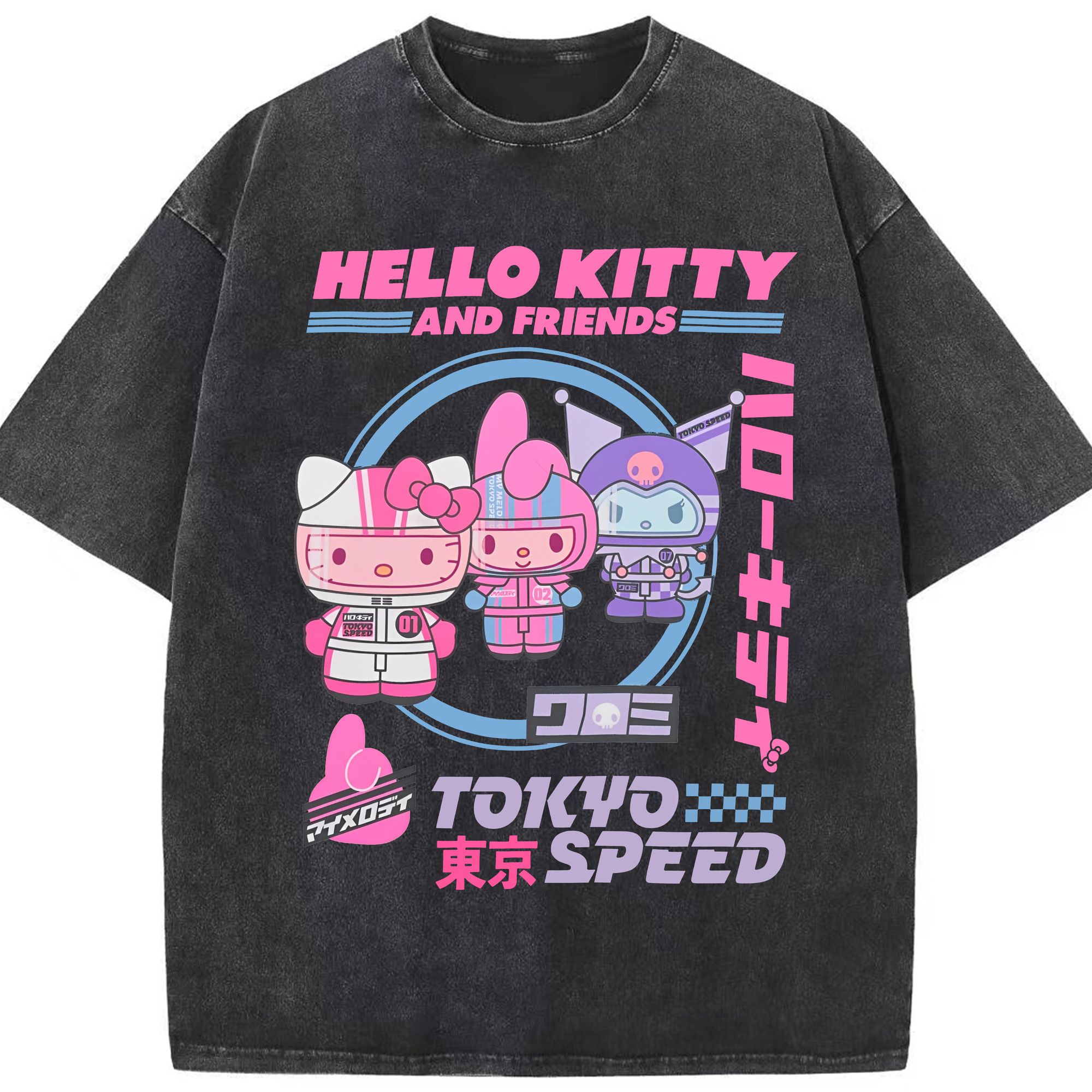 スタイリッシュでクール！サンリオファミリー - 綿100％ ヴィンテージ風 半袖Tシャツ ・ フロントプリント ・ 柔らか肌触り ・ 通気性 快適 ・ スポーツ カジュアル 外出用