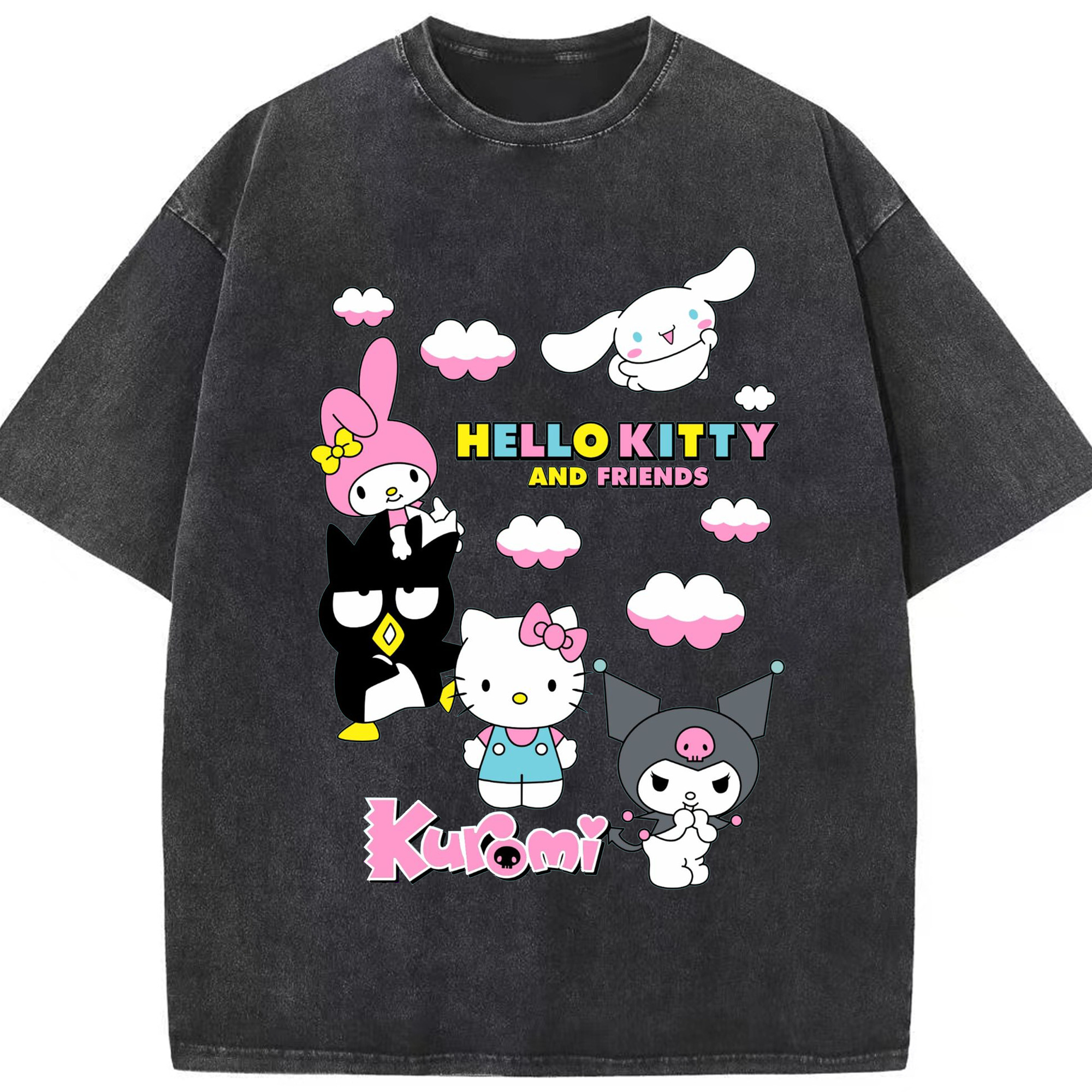 カラフルでポップ！レインボーサンリオ - 綿100％ ヴィンテージ風 半袖Tシャツ ・ フロントプリント ・ 柔らか肌触り ・ 通気性 快適 ・ スポーツ カジュアル 外出用