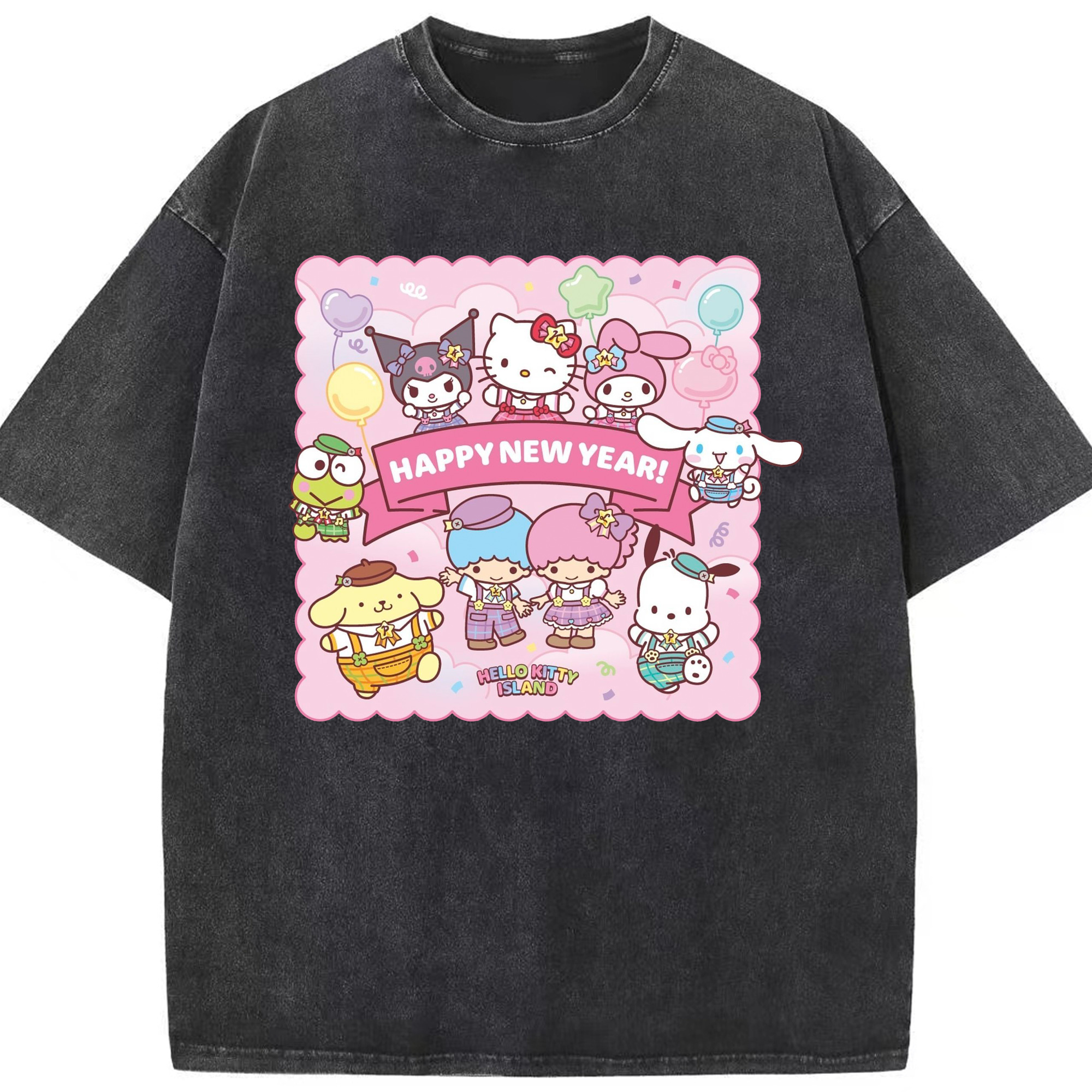 とってもかわいいサンリオファミリー - 綿100％ ヴィンテージ風 半袖Tシャツ ・ フロントプリント ・ 柔らか肌触り ・ 通気性 快適 ・ スポーツ カジュアル 外出用