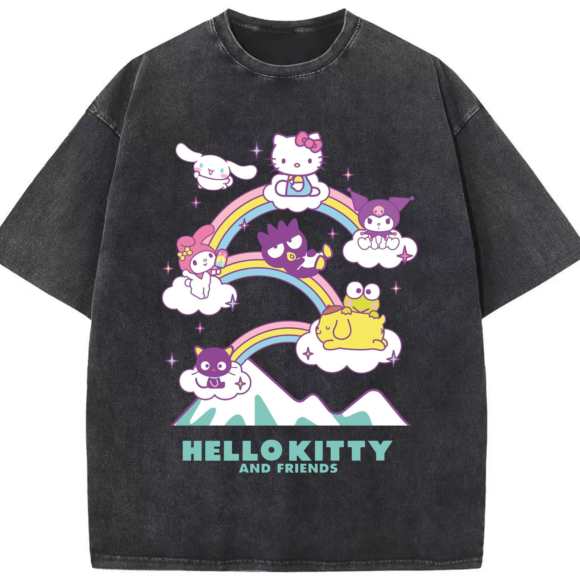 カラフルでポップ！レインボーサンリオ - 綿100％ ヴィンテージ風 半袖Tシャツ ・ フロントプリント ・ 柔らか肌触り ・ 通気性 快適 ・ スポーツ カジュアル 外出用