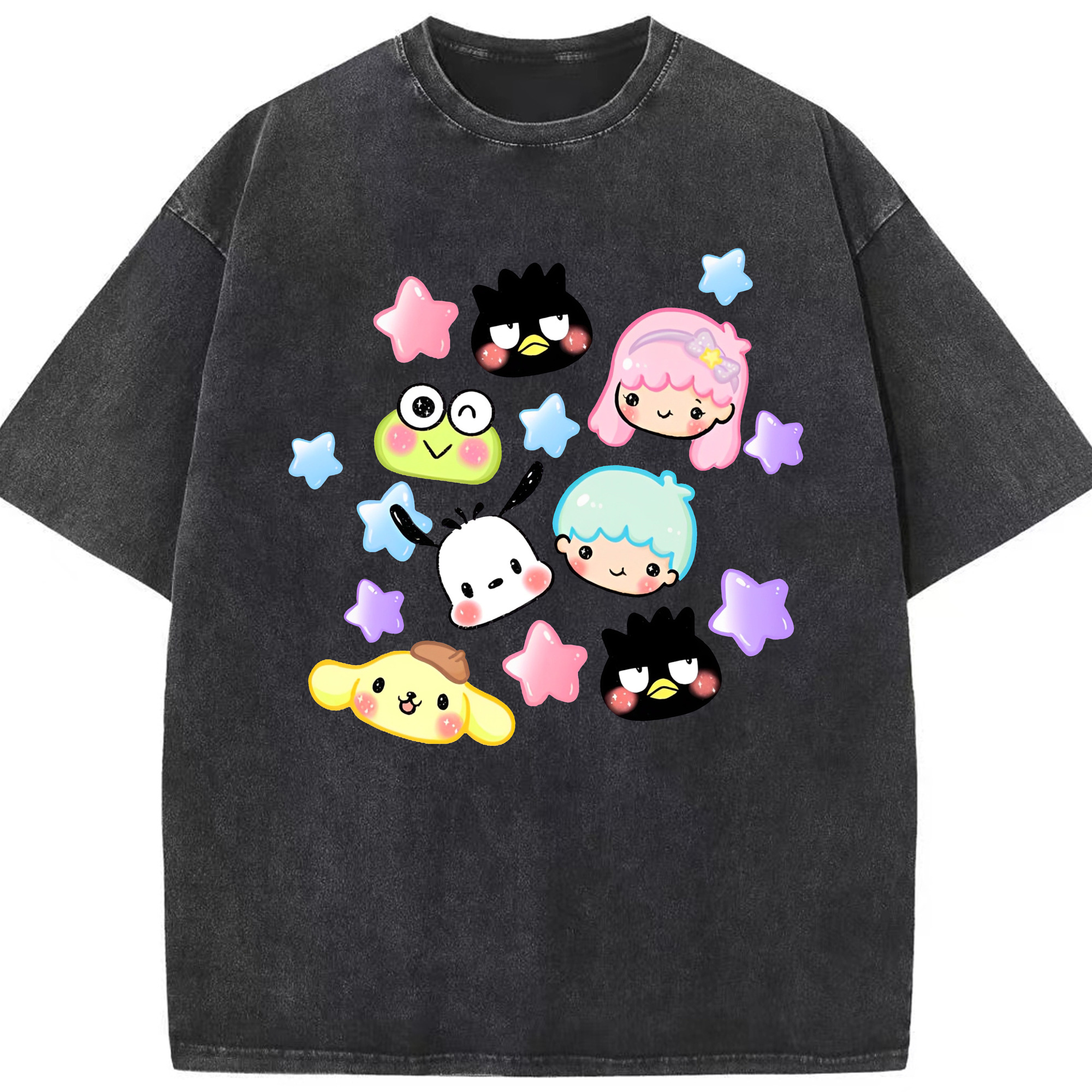 サンリオファミリー - 綿100％ ヴィンテージ風 半袖Tシャツ ・ フロントプリント ・ 柔らか肌触り ・ 通気性 快適 ・ スポーツ カジュアル 外出用