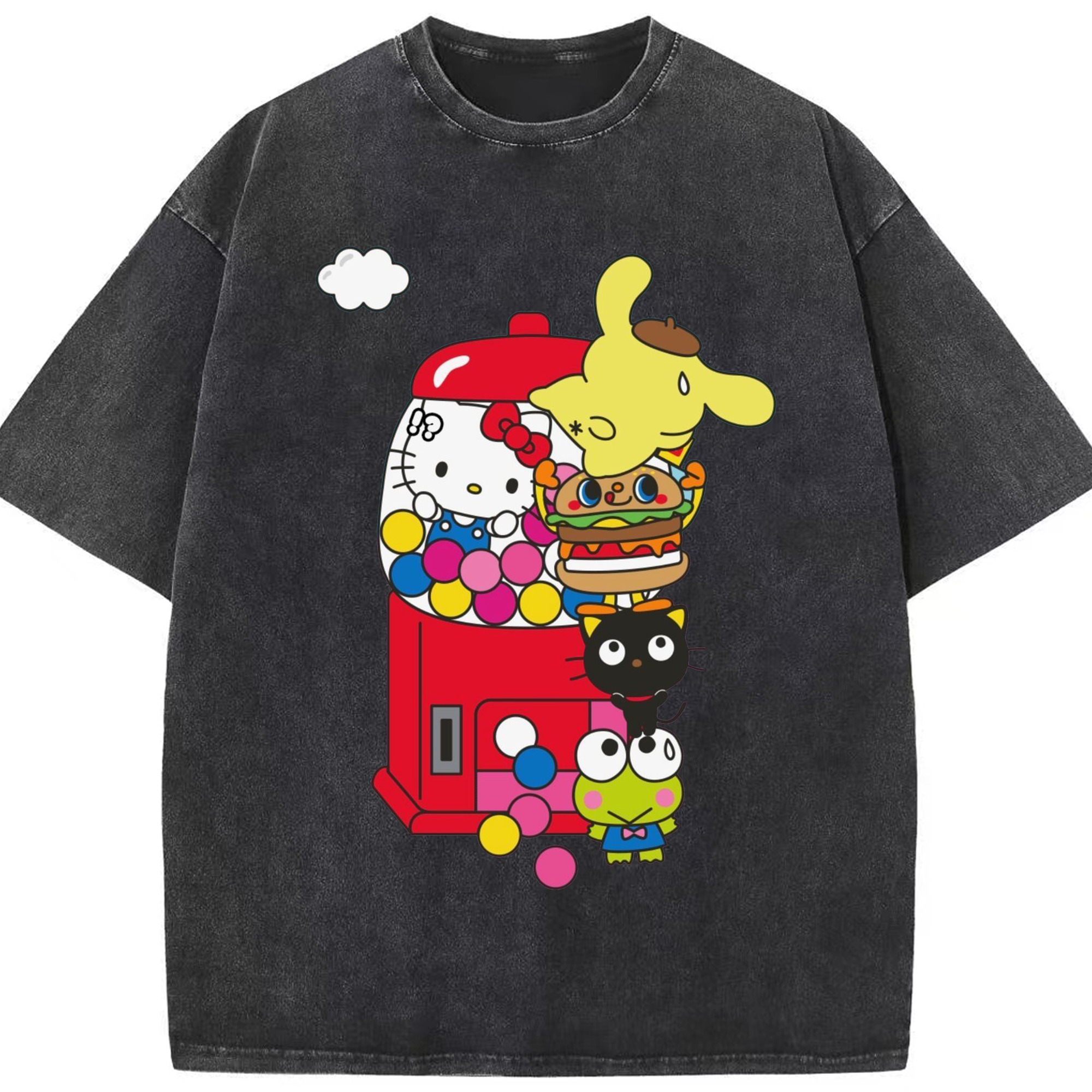 サンリオファミリー - 綿100％ ヴィンテージ風 半袖Tシャツ ・ フロントプリント ・ 柔らか肌触り ・ 通気性 快適 ・ スポーツ カジュアル 外出用