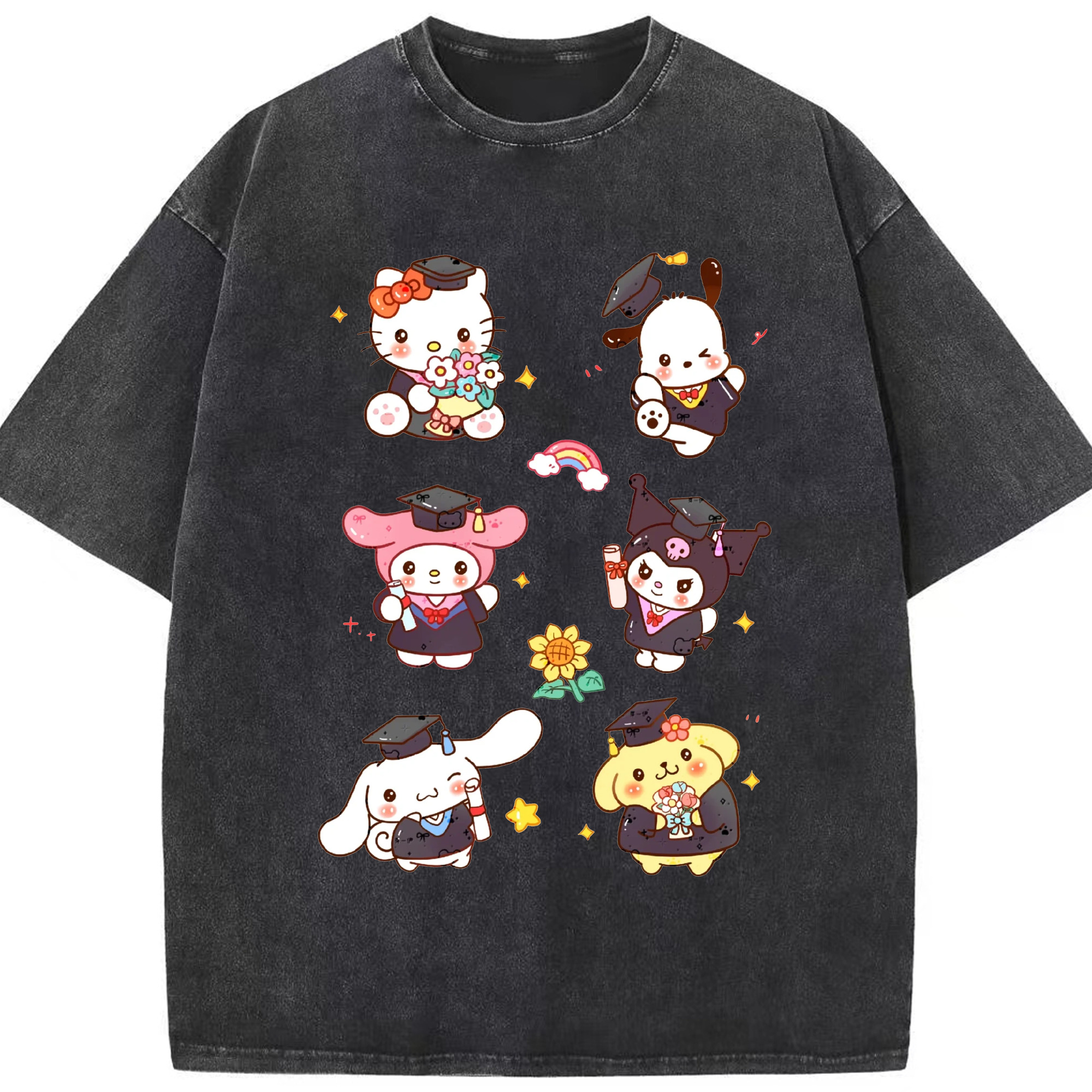 卒業シーズン×サンリオ - 綿100％ ヴィンテージ風 半袖Tシャツ ・ フロントプリント ・ 柔らか肌触り ・ 通気性 快適 ・ スポーツ カジュアル 外出用