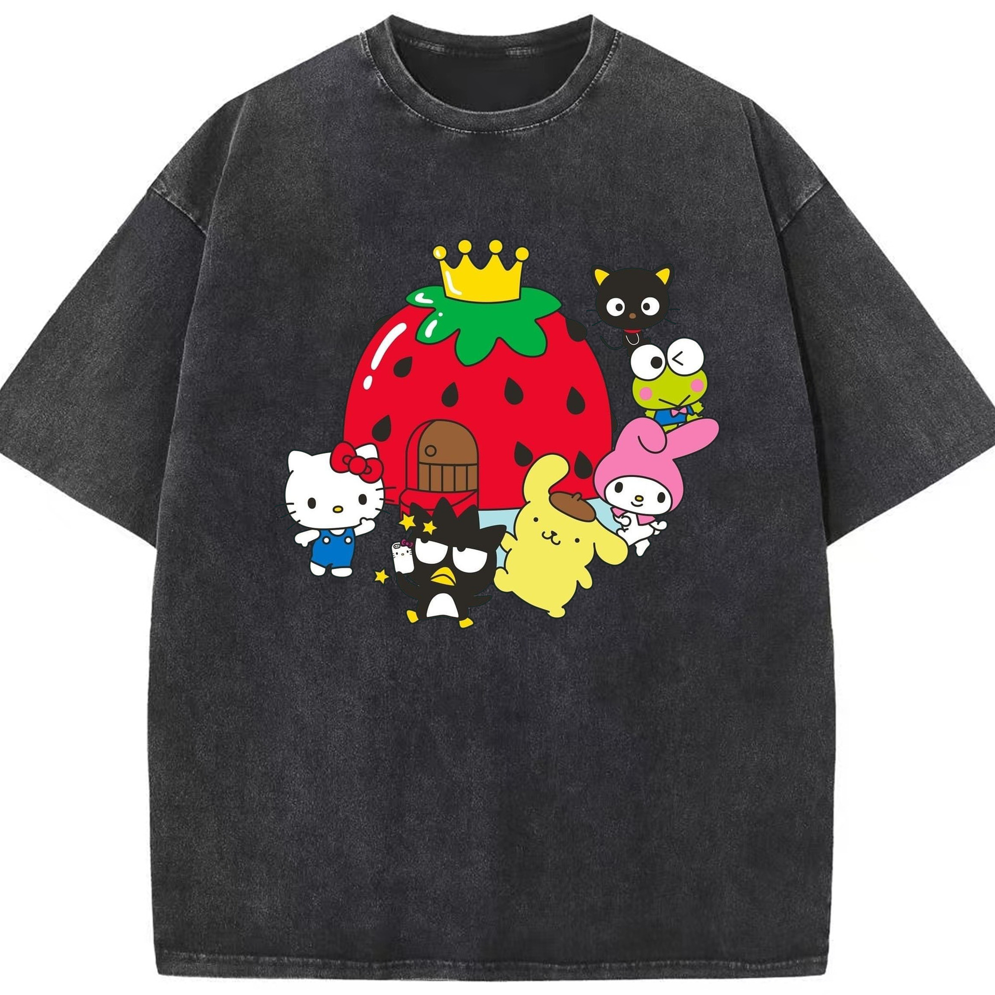 いちごサンリオ - 綿100％ ヴィンテージ風 半袖Tシャツ ・ フロントプリント ・ 柔らか肌触り ・ 通気性 快適 ・ スポーツ カジュアル 外出用