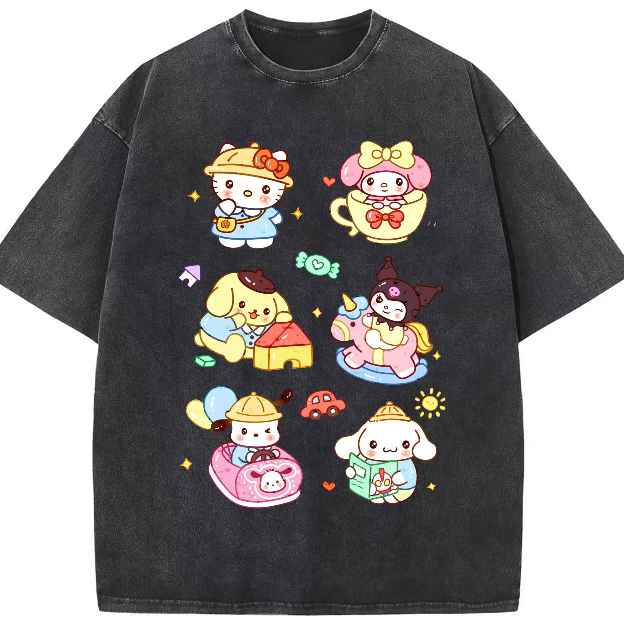 おもしろサンリオ - 綿100％ ヴィンテージ風 半袖Tシャツ ・ フロントプリント ・ 柔らか肌触り ・ 通気性 快適 ・ スポーツ カジュアル 外出用