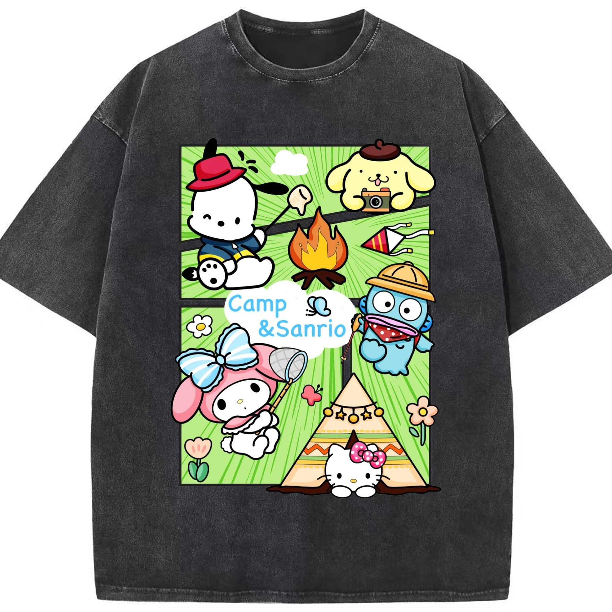 おもしろサンリオ - 綿100％ ヴィンテージ風 半袖Tシャツ ・ フロントプリント ・ 柔らか肌触り ・ 通気性 快適 ・ スポーツ カジュアル 外出用