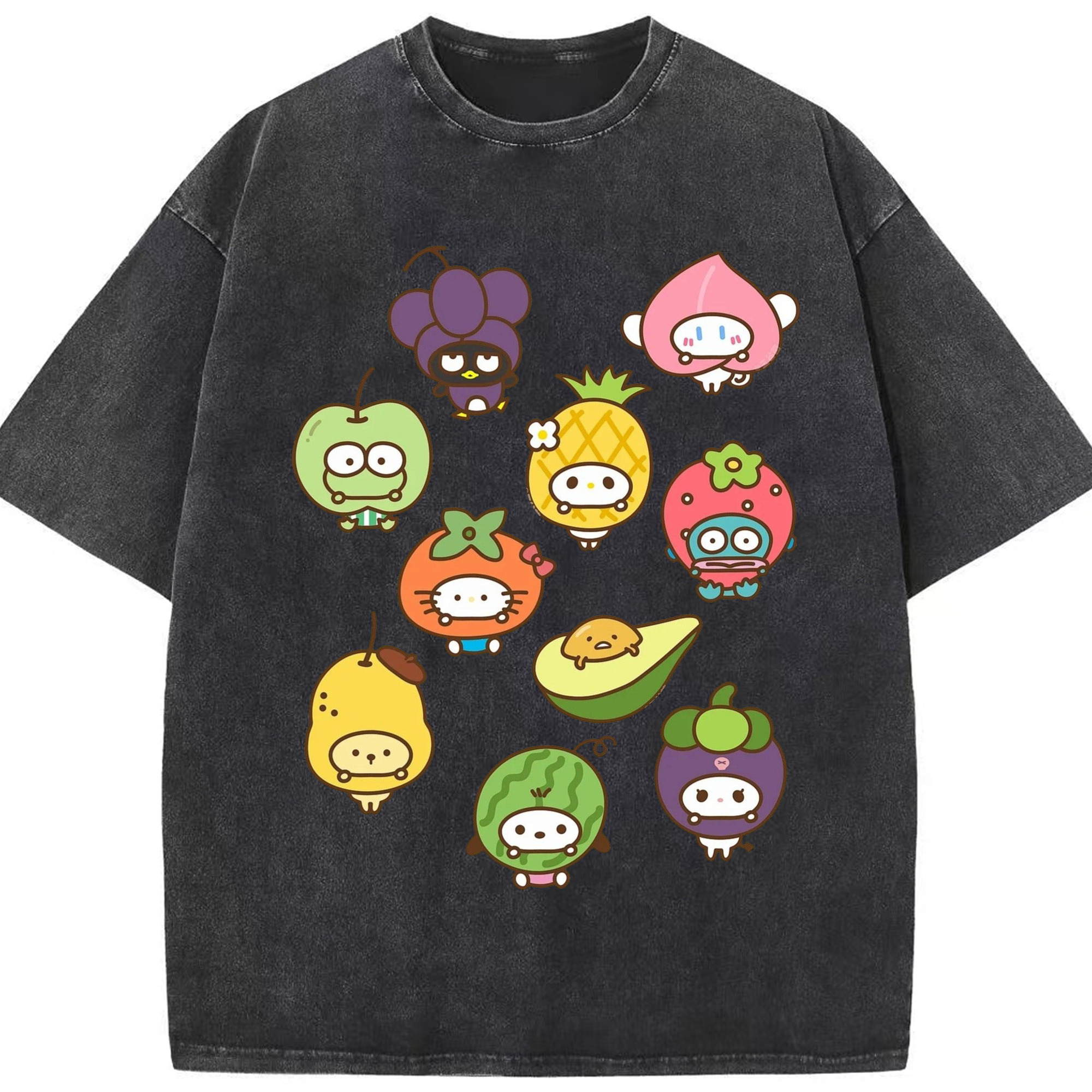 フルーツサンリオ - 綿100％ ヴィンテージ風 半袖Tシャツ ・ フロントプリント ・ 柔らか肌触り ・ 通気性 快適 ・ スポーツ カジュアル 外出用