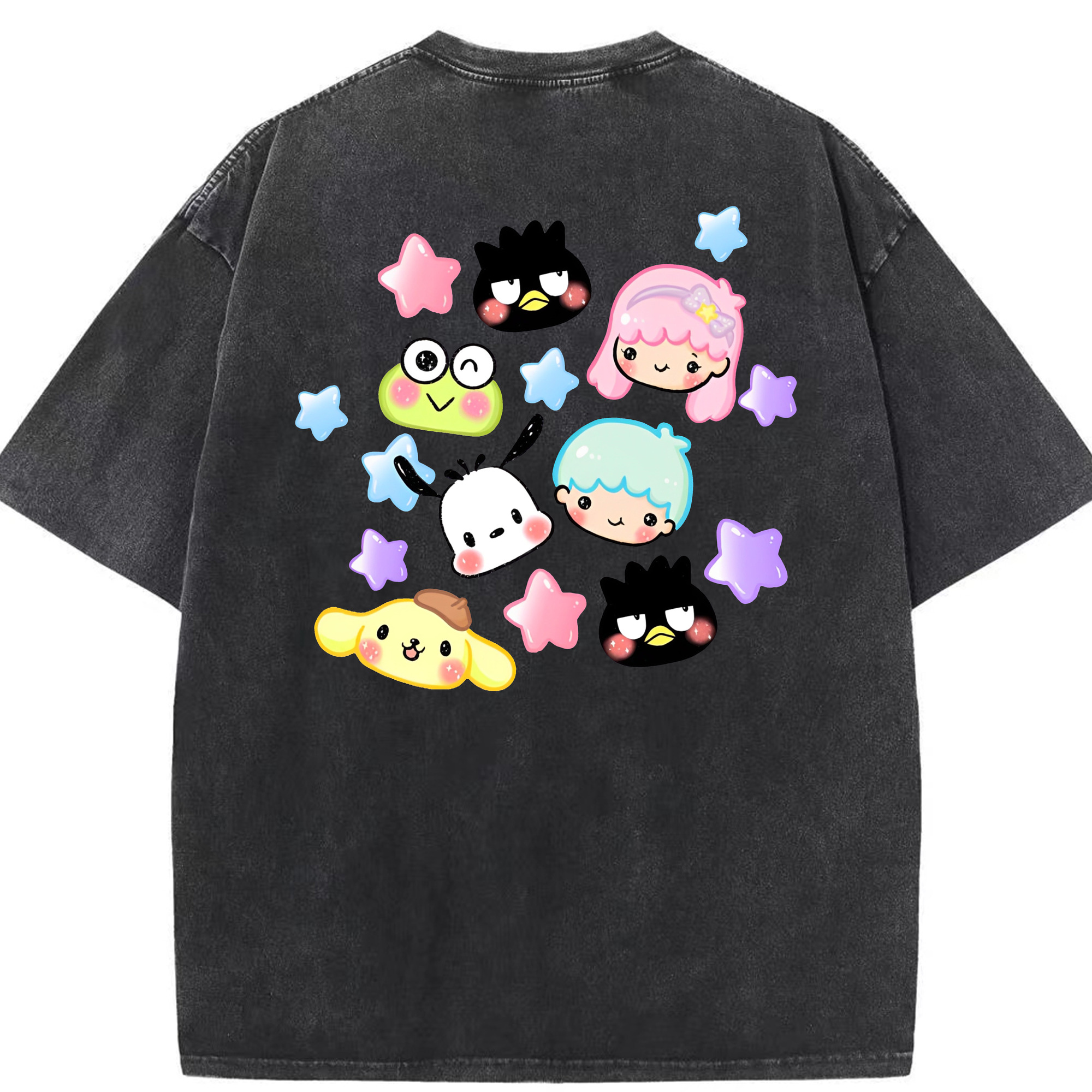 サンリオファミリー - 綿100％ ヴィンテージ風 半袖Tシャツ ・ 背面プリント ・ 柔らか肌触り ・ 通気性 快適 ・ スポーツ カジュアル 外出用
