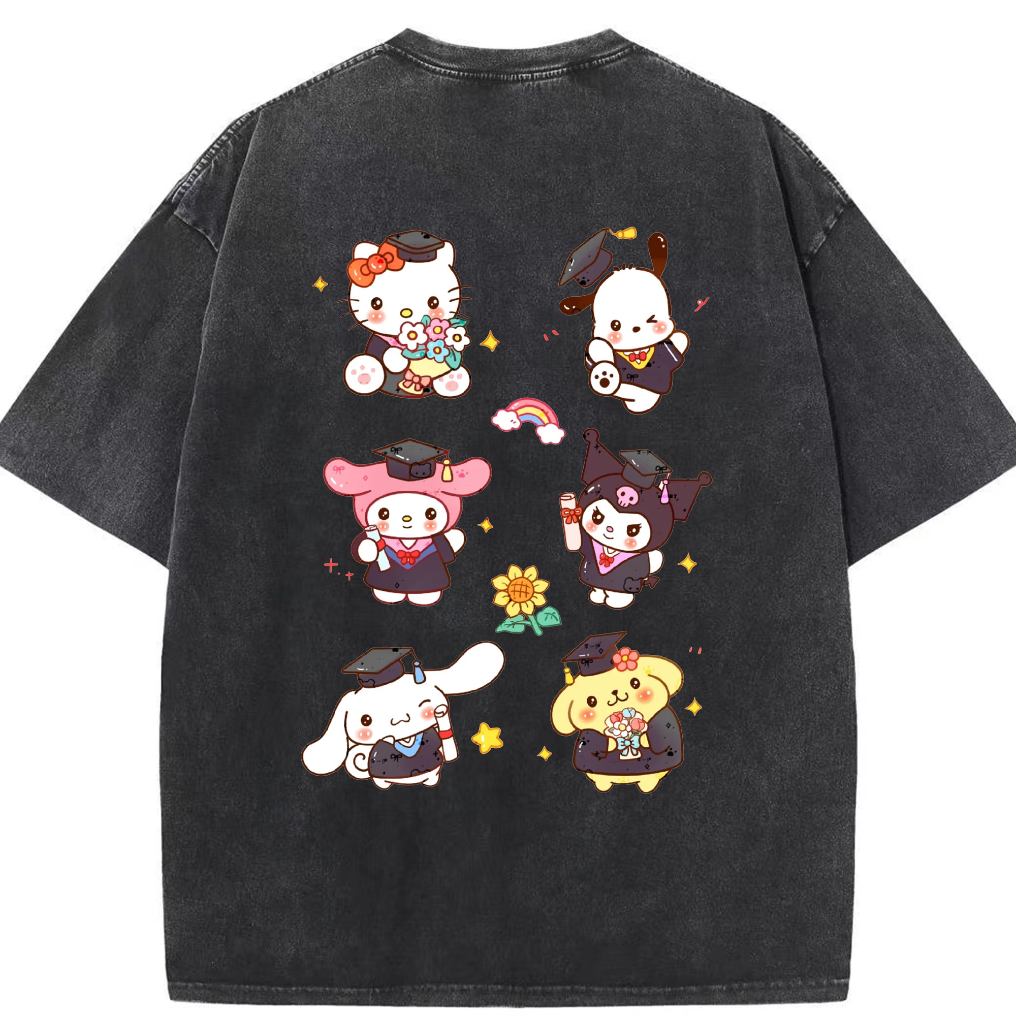 卒業シーズン×サンリオ - 綿100％ ヴィンテージ風 半袖Tシャツ ・ 背面プリント ・ 柔らか肌触り ・ 通気性 快適 ・ スポーツ カジュアル 外出用
