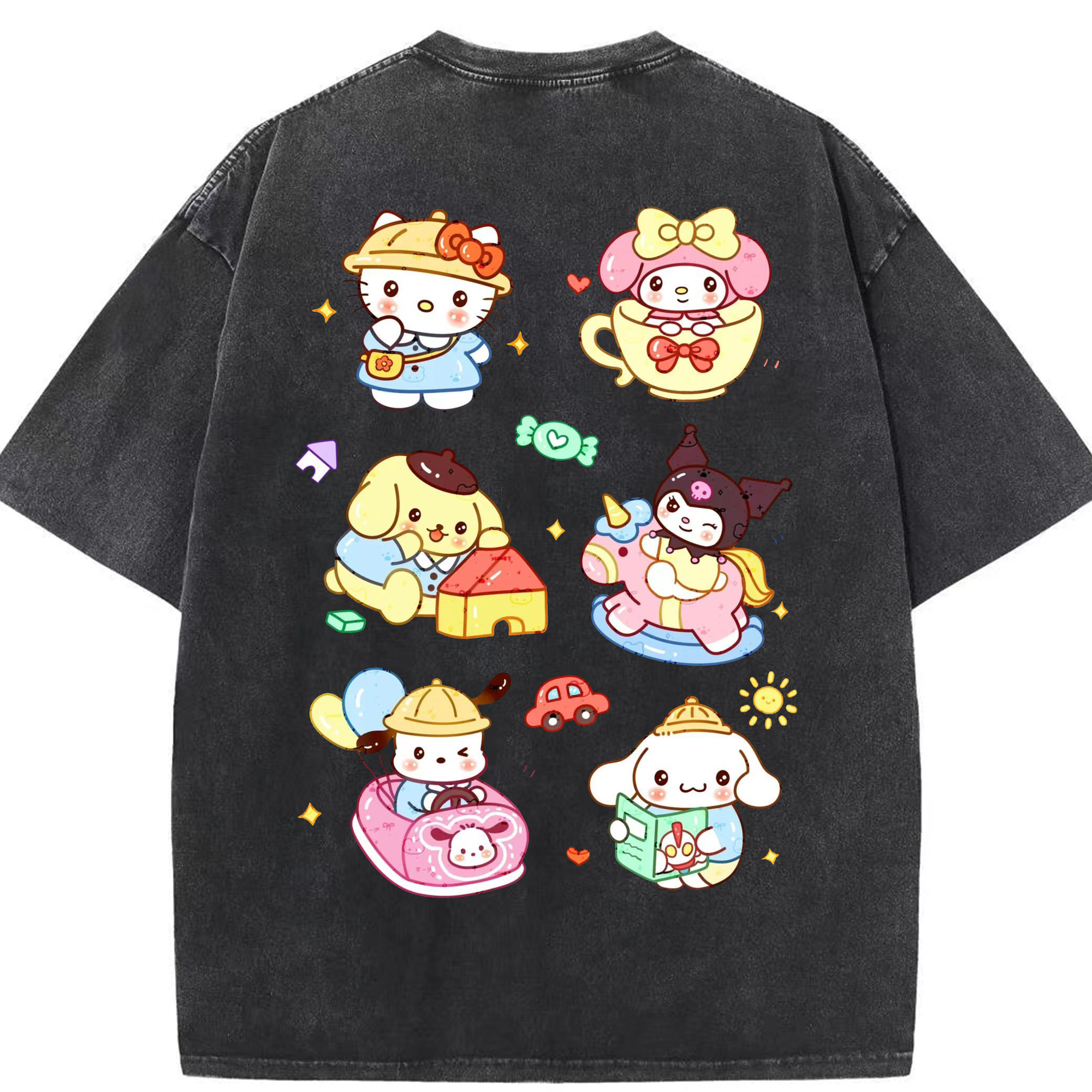 おもしろサンリオ - 綿100％ ヴィンテージ風 半袖Tシャツ ・ 背面プリント ・ 柔らか肌触り ・ 通気性 快適 ・ スポーツ カジュアル 外出用