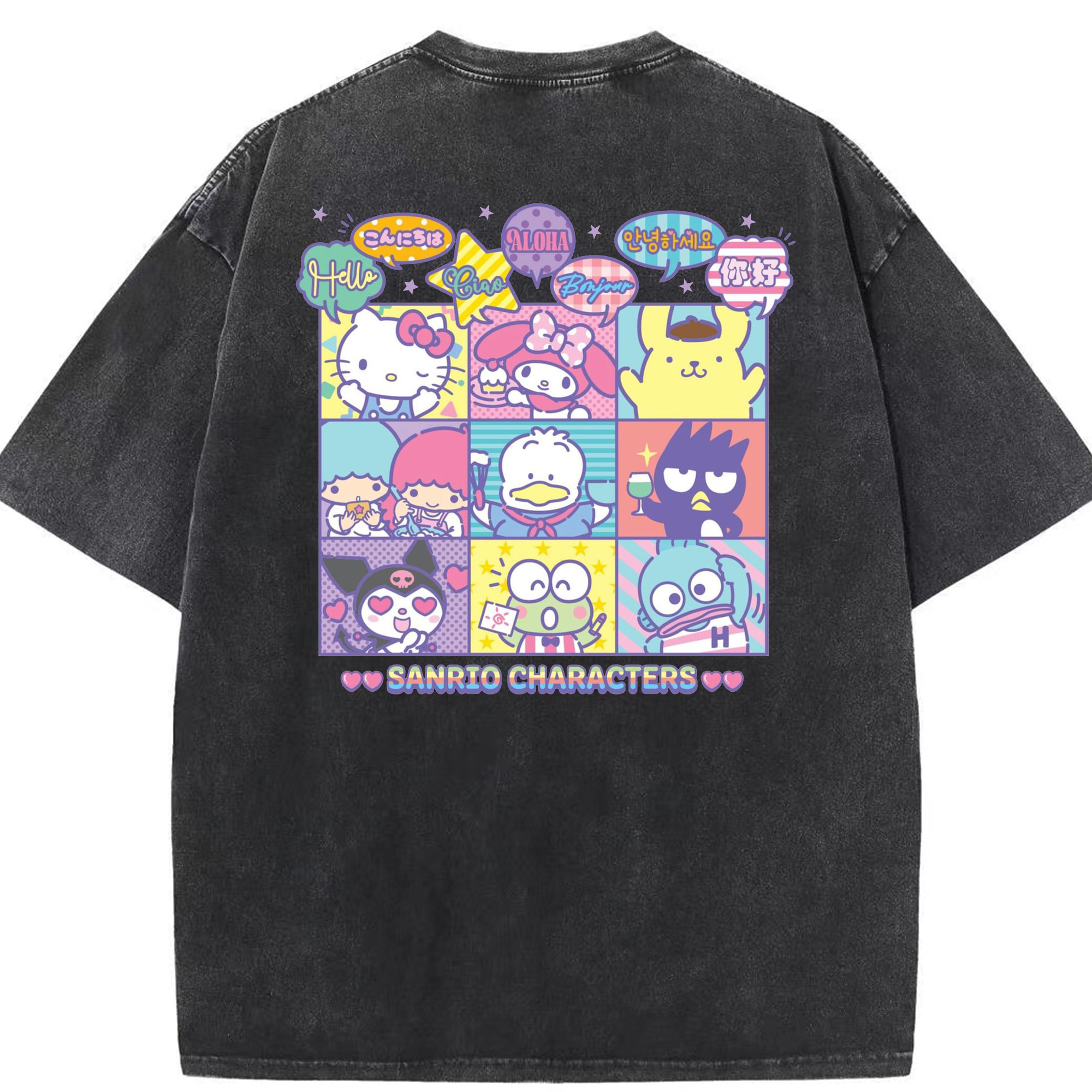 サンリオファミリー 2025年新作 - 綿100％ ヴィンテージ風 半袖Tシャツ ・ 背面プリント ・ 柔らか肌触り ・ 通気性 快適 ・ スポーツ カジュアル 外出用