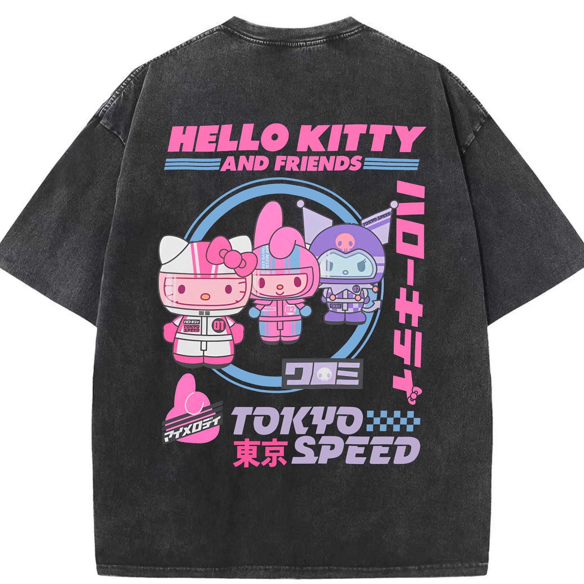 スタイリッシュでクール！サンリオファミリー - 綿100％ ヴィンテージ風 半袖Tシャツ ・ 背面プリント ・ 柔らか肌触り ・ 通気性 快適 ・ スポーツ カジュアル 外出用