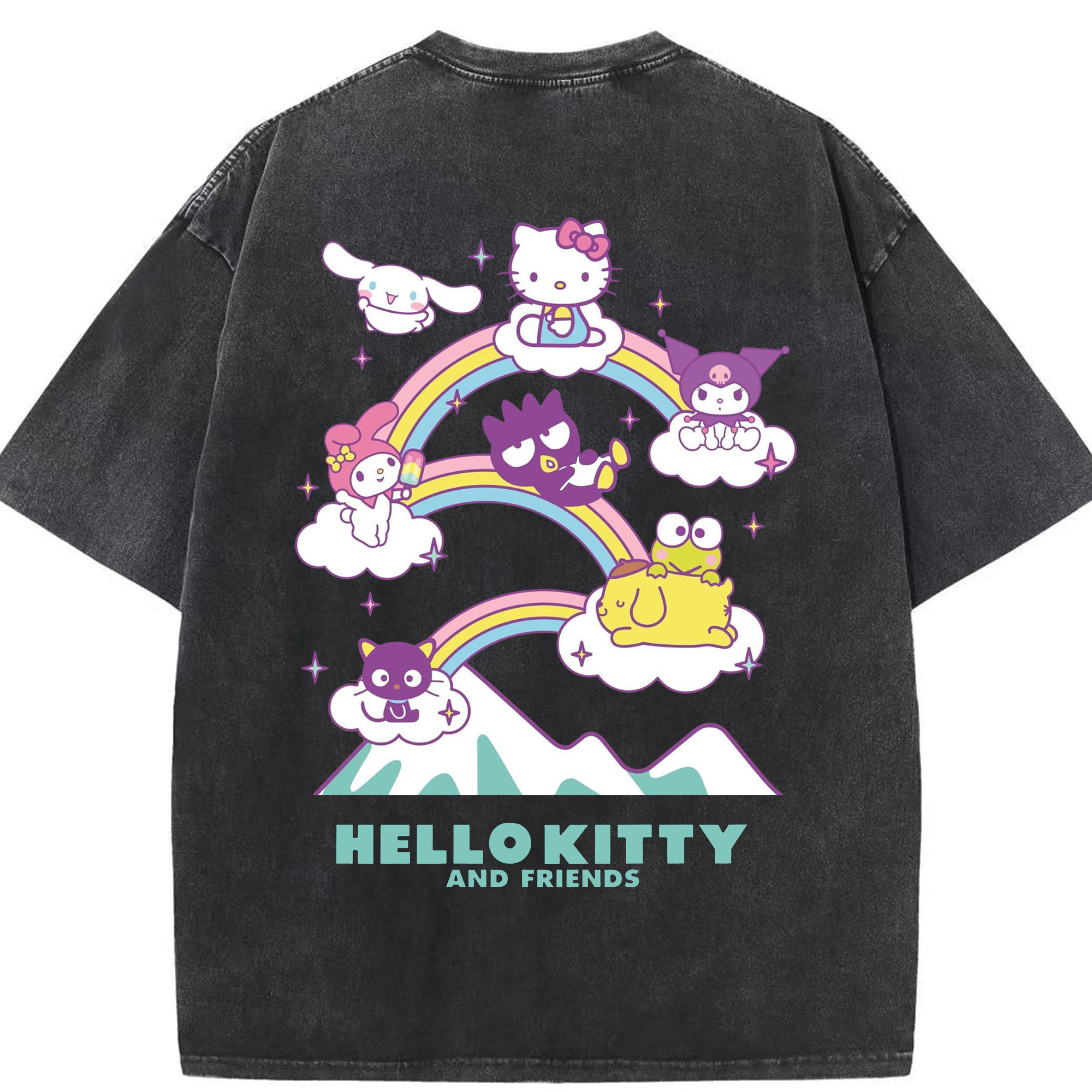 カラフルでポップ！レインボーサンリオ - 綿100％ ヴィンテージ風 半袖Tシャツ ・ 背面プリント ・ 柔らか肌触り ・ 通気性 快適 ・ スポーツ カジュアル 外出用