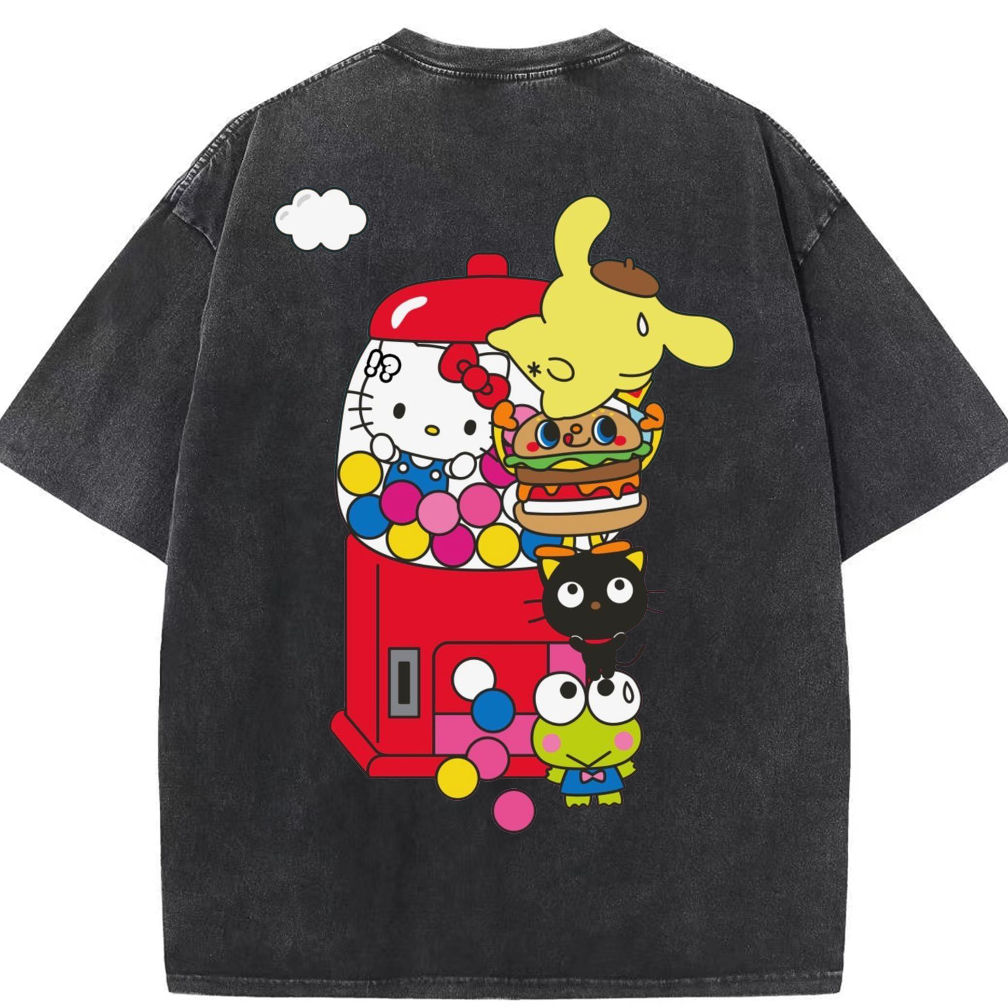 サンリオファミリー - 綿100％ ヴィンテージ風 半袖Tシャツ ・ 背面プリント ・ 柔らか肌触り ・ 通気性 快適 ・ スポーツ カジュアル 外出用