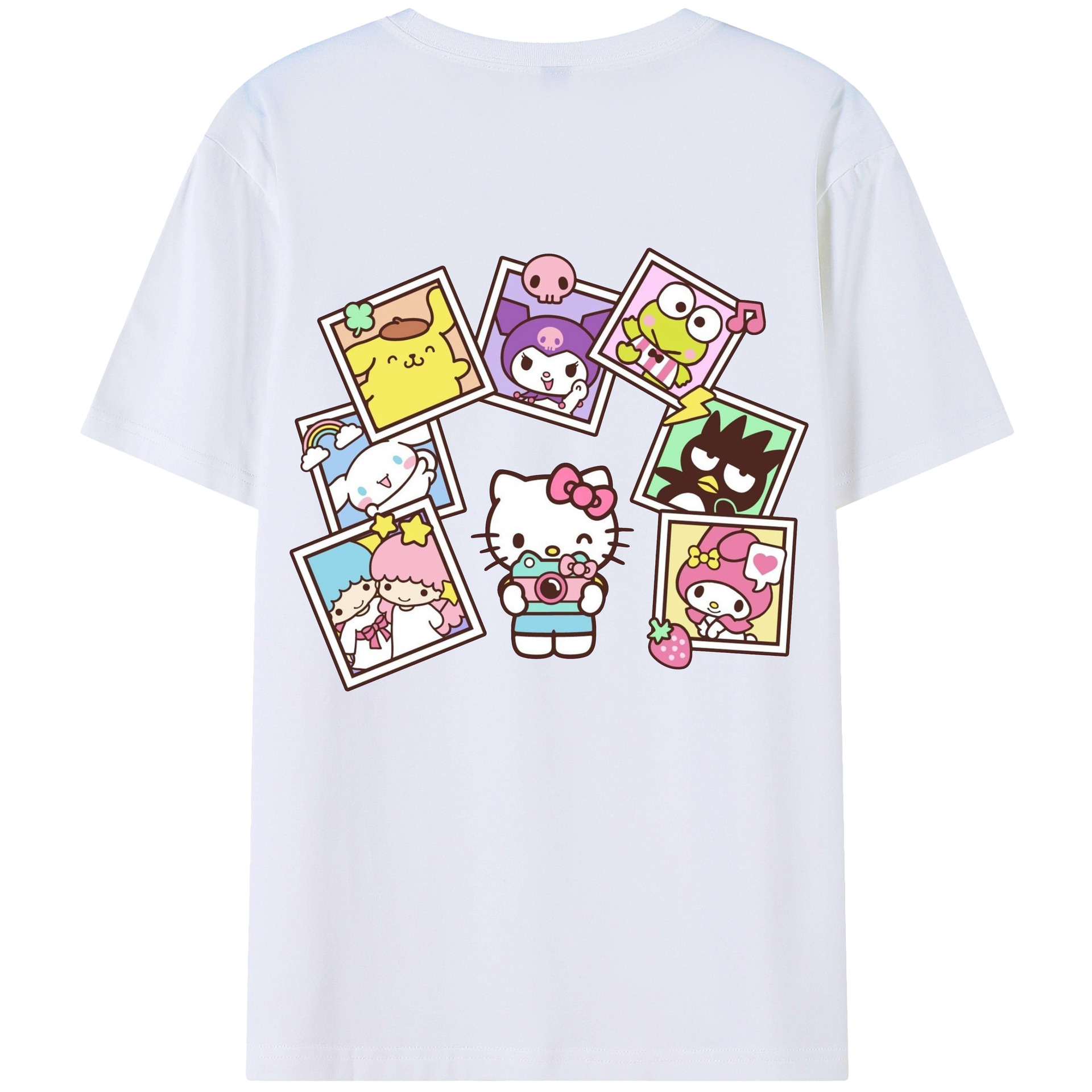 サンリオファミリー新作 - レディース半袖Tシャツ ・ 綿100％ ・ バックプリント ・ 強化クルーネック ・ 二重折り袖口 ・ 快適 通気性 ・ フィットネス カジュアル 旅行用