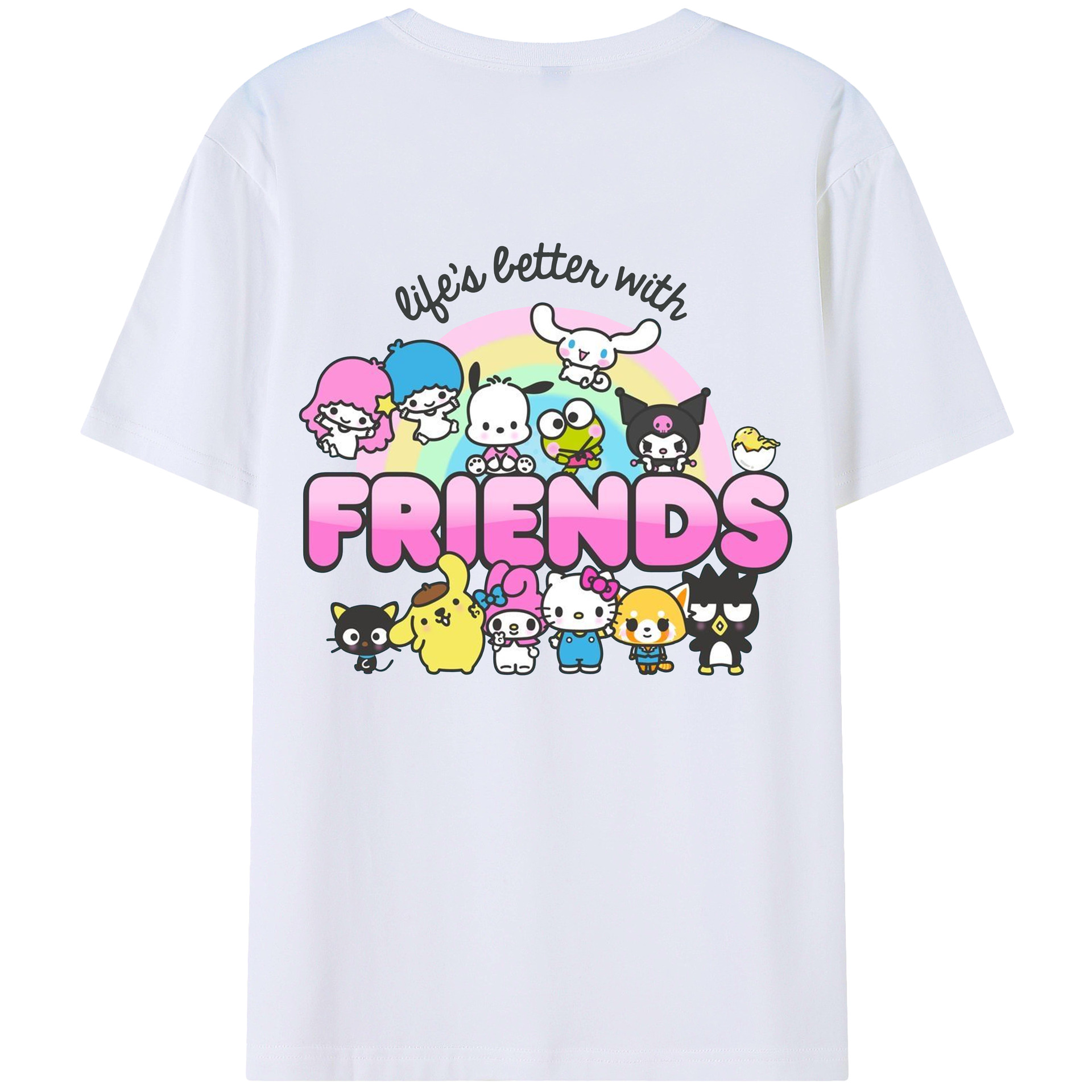 サンリオファミリー新作 - レディース半袖Tシャツ ・ 綿100％ ・ バックプリント ・ 強化クルーネック ・ 二重折り袖口 ・ 快適 通気性 ・ フィットネス カジュアル 旅行用