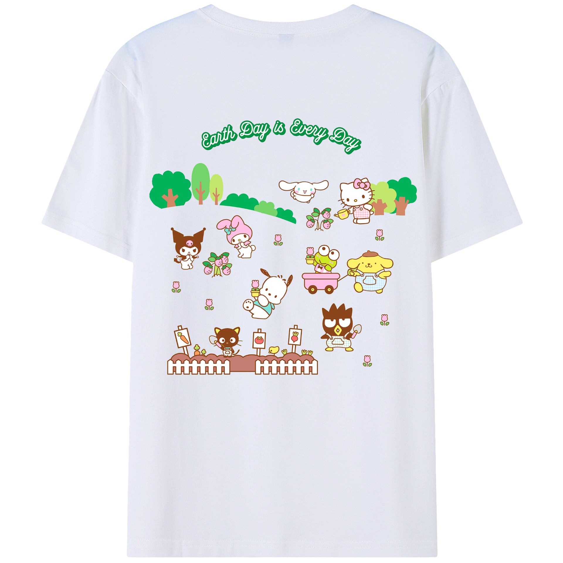 サンリオファミリー新作 - レディース半袖Tシャツ ・ 綿100％ ・ バックプリント ・ 強化クルーネック ・ 二重折り袖口 ・ 快適 通気性 ・ フィットネス カジュアル 旅行用