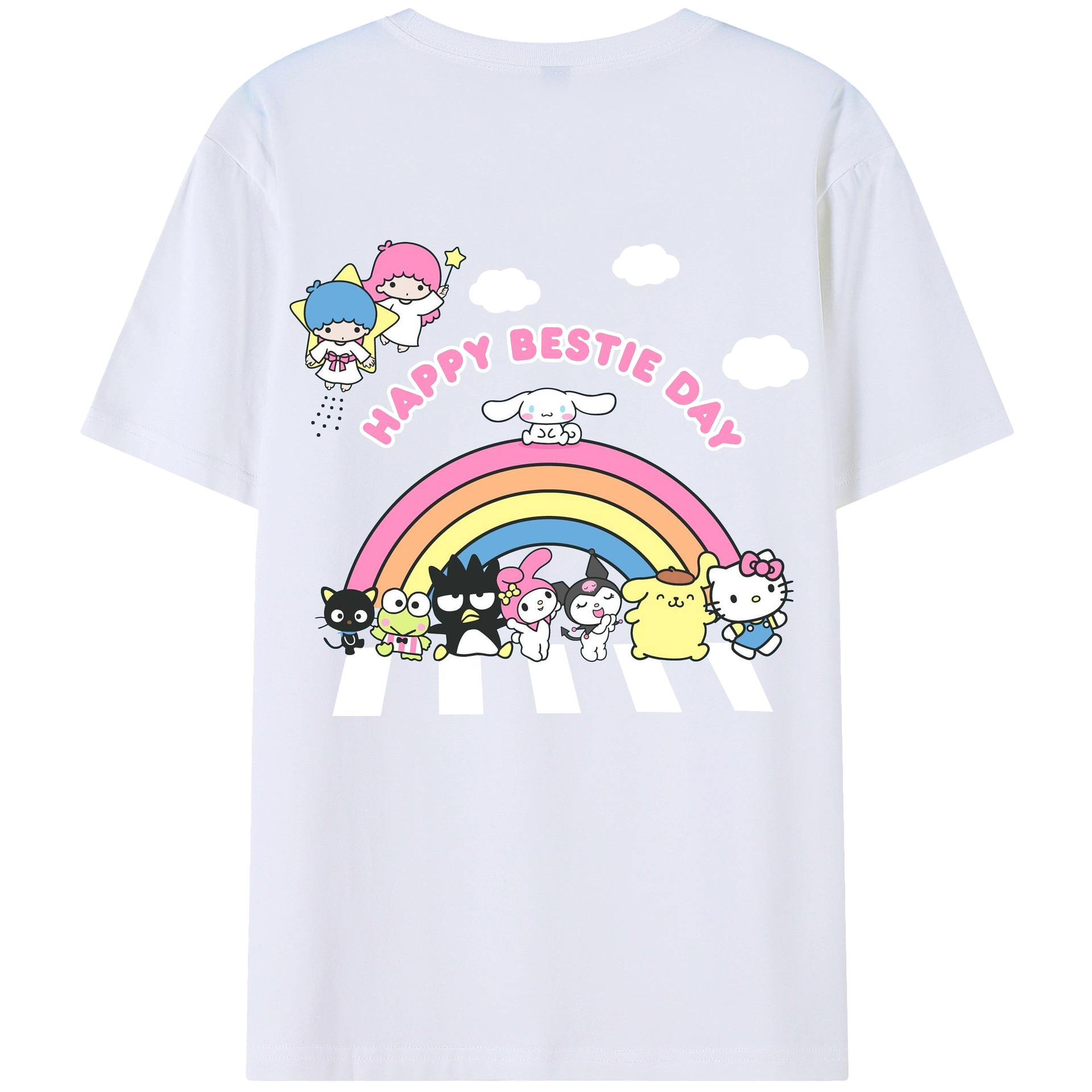 サンリオ - レディース半袖Tシャツ ・ 綿100％ ・ バックプリント ・ 強化クルーネック ・ 二重折り袖口 ・ 快適 通気性 ・ フィットネス カジュアル 旅行用