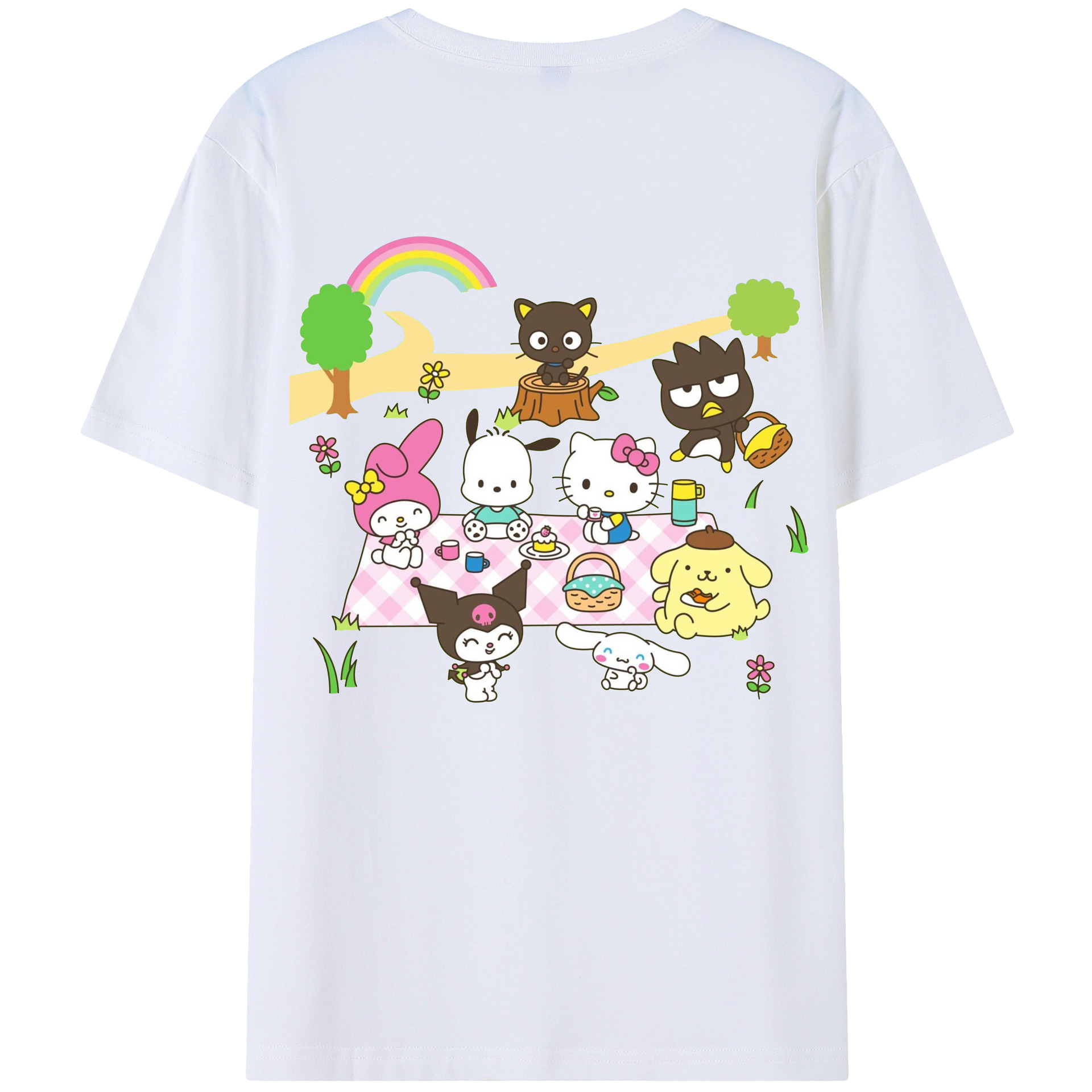 サンリオファミリー 2025年新作 - レディース半袖Tシャツ ・ 綿100％ ・ バックプリント ・ 強化クルーネック ・ 二重折り袖口 ・ 快適 通気性 ・ フィットネス カジュアル 旅行用