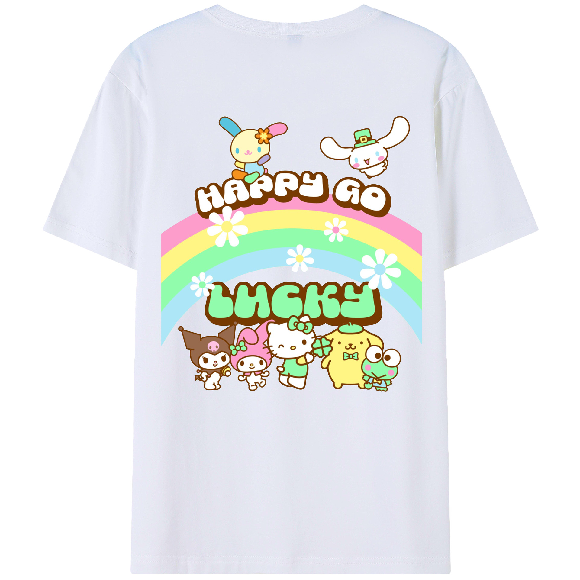 サンリオファミリー新作 - レディース半袖Tシャツ ・ 綿100％ ・ バックプリント ・ 強化クルーネック ・ 二重折り袖口 ・ 快適 通気性 ・ フィットネス カジュアル 旅行用