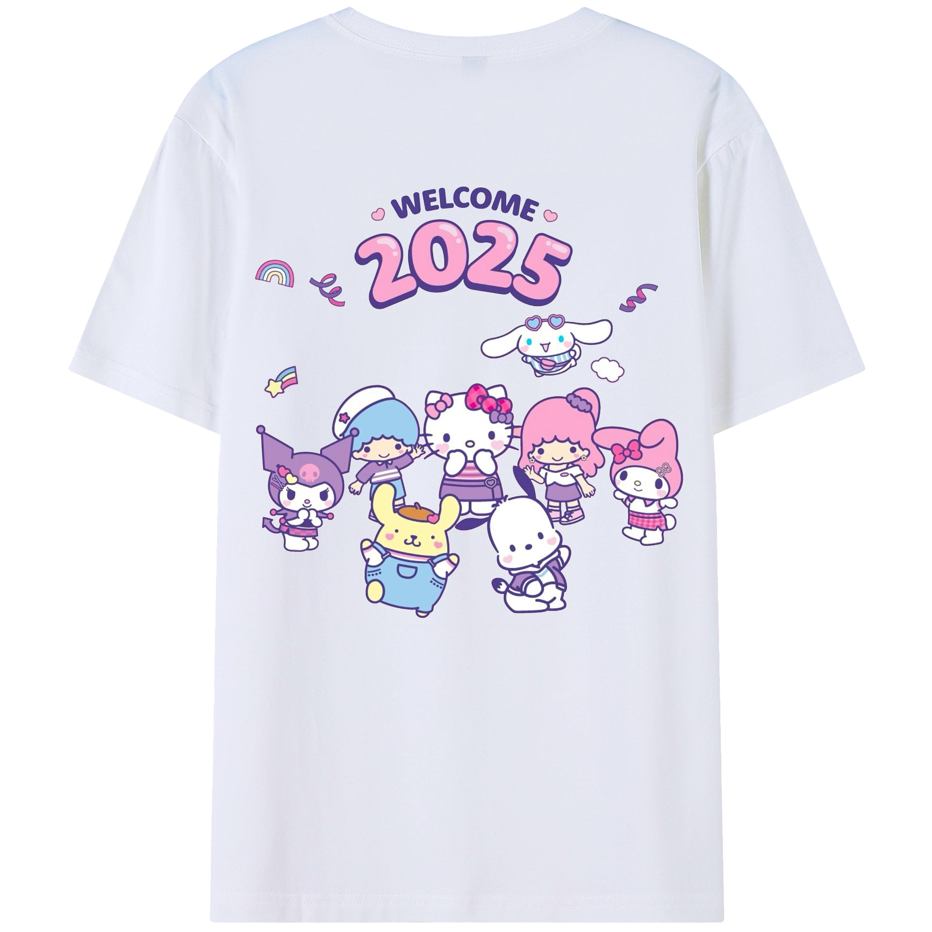 サンリオファミリー 2025年新作 - レディース半袖Tシャツ ・ 綿100％ ・ バックプリント ・ 強化クルーネック ・ 二重折り袖口 ・ 快適 通気性 ・ フィットネス カジュアル 旅行用