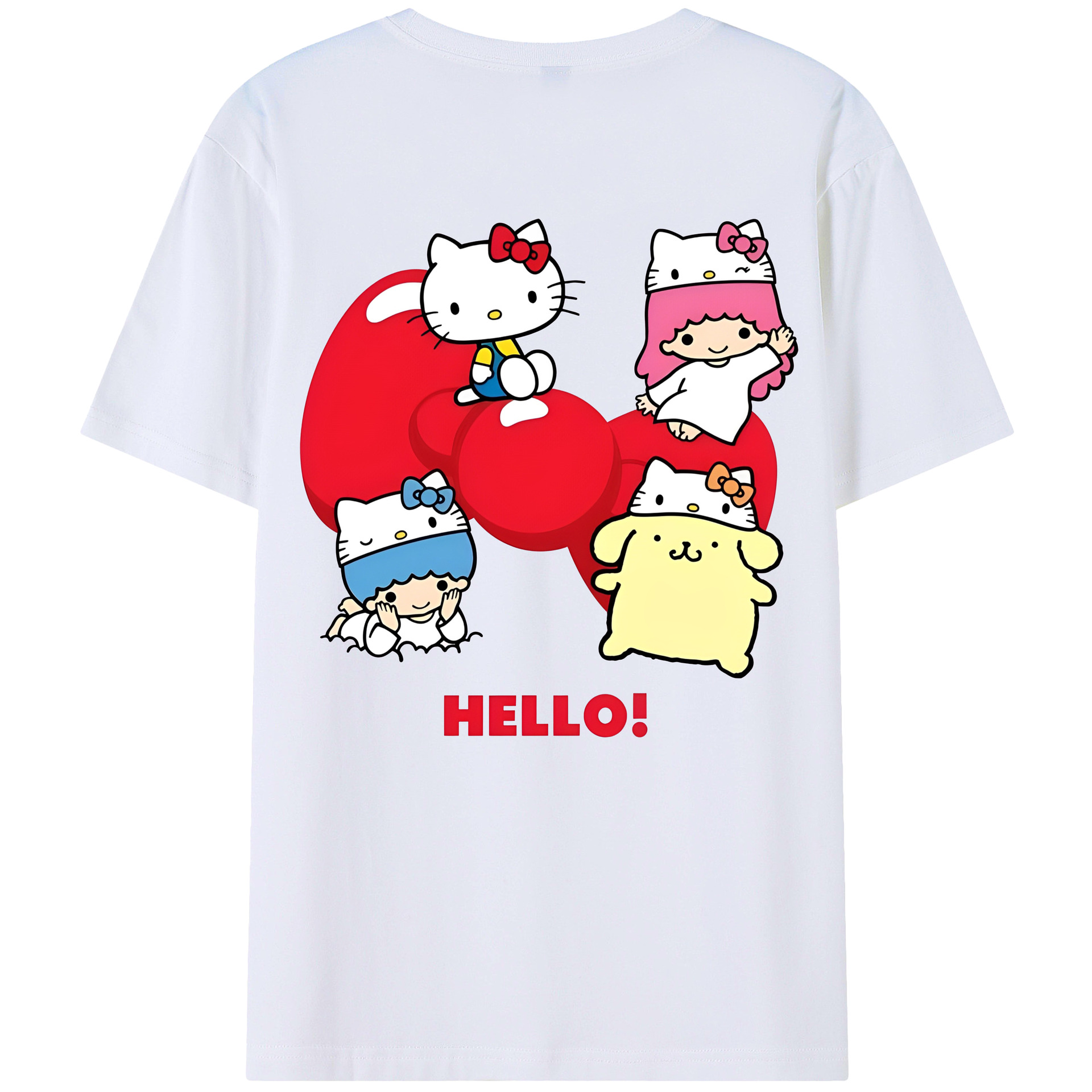 サンリオ - レディース半袖Tシャツ ・ 綿100％ ・ バックプリント ・ 強化クルーネック ・ 二重折り袖口 ・ 快適 通気性 ・ フィットネス カジュアル 旅行用