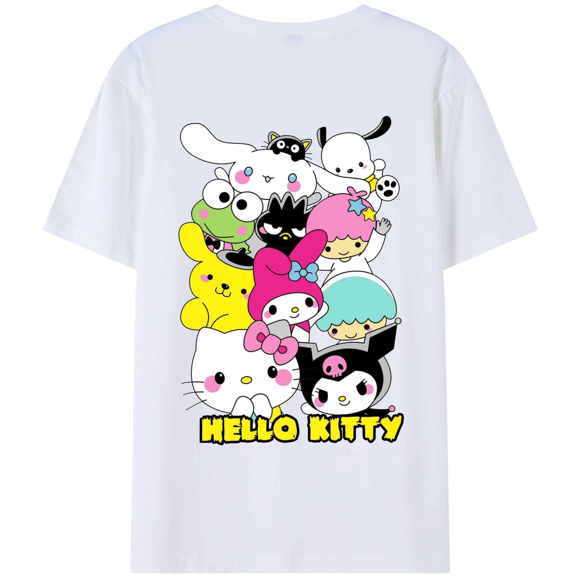 とってもかわいいサンリオファミリー - レディース半袖Tシャツ ・ 綿100％ ・ バックプリント ・ 強化クルーネック ・ 二重折り袖口 ・ 快適 通気性 ・ フィットネス カジュアル 旅行用